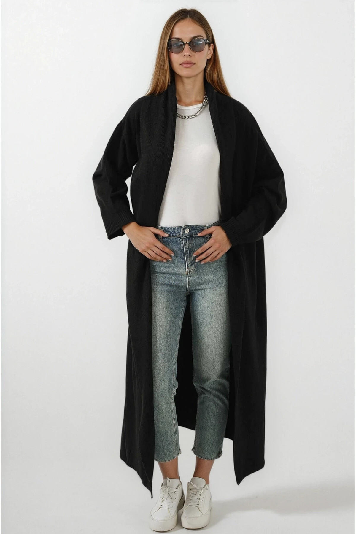 hazelin  Kadın Siyah Oversize Uzun Triko Hırka HZL25W-BD1103041 - Görsel 2