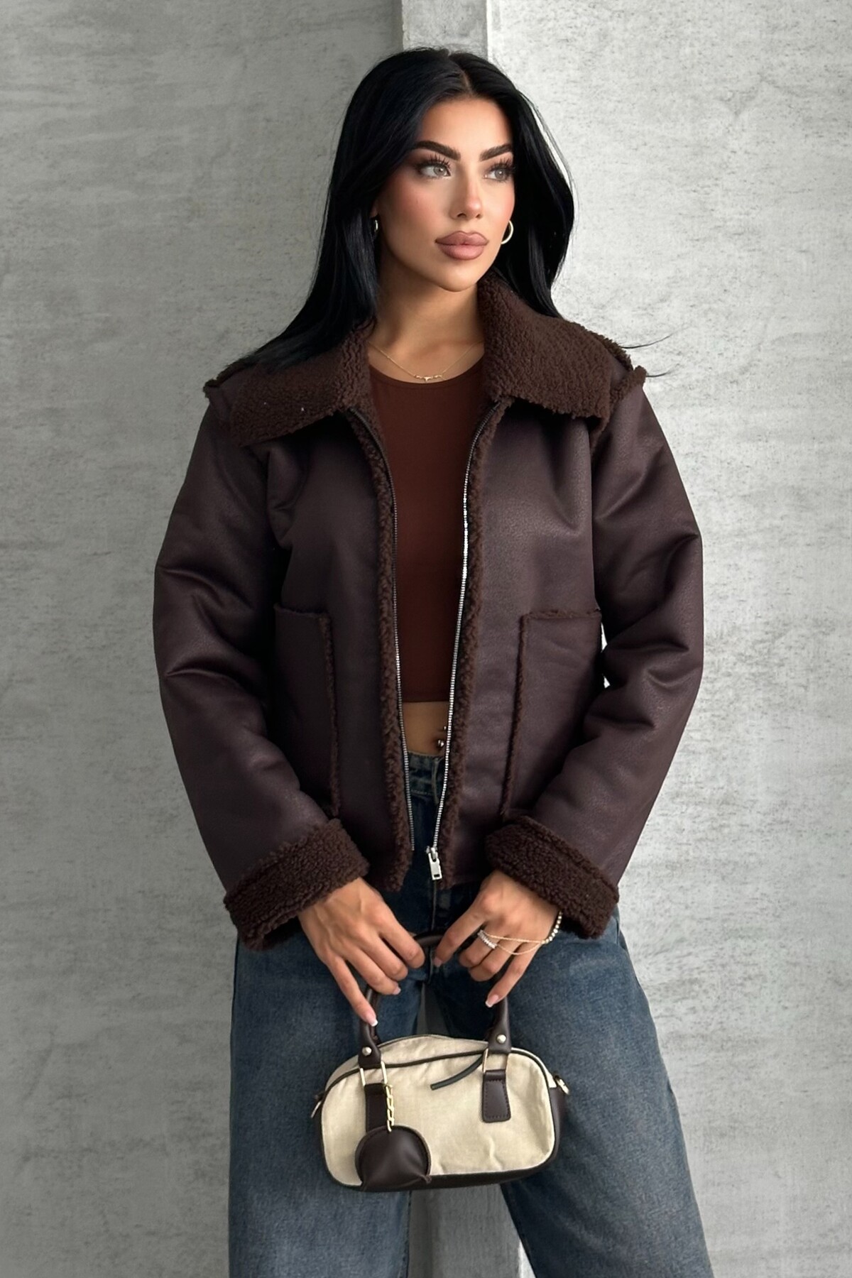 moda armanc  Kadın Çift Cepli İçi Suni Kürklü Suni Deri Biker Mont - Görsel 4