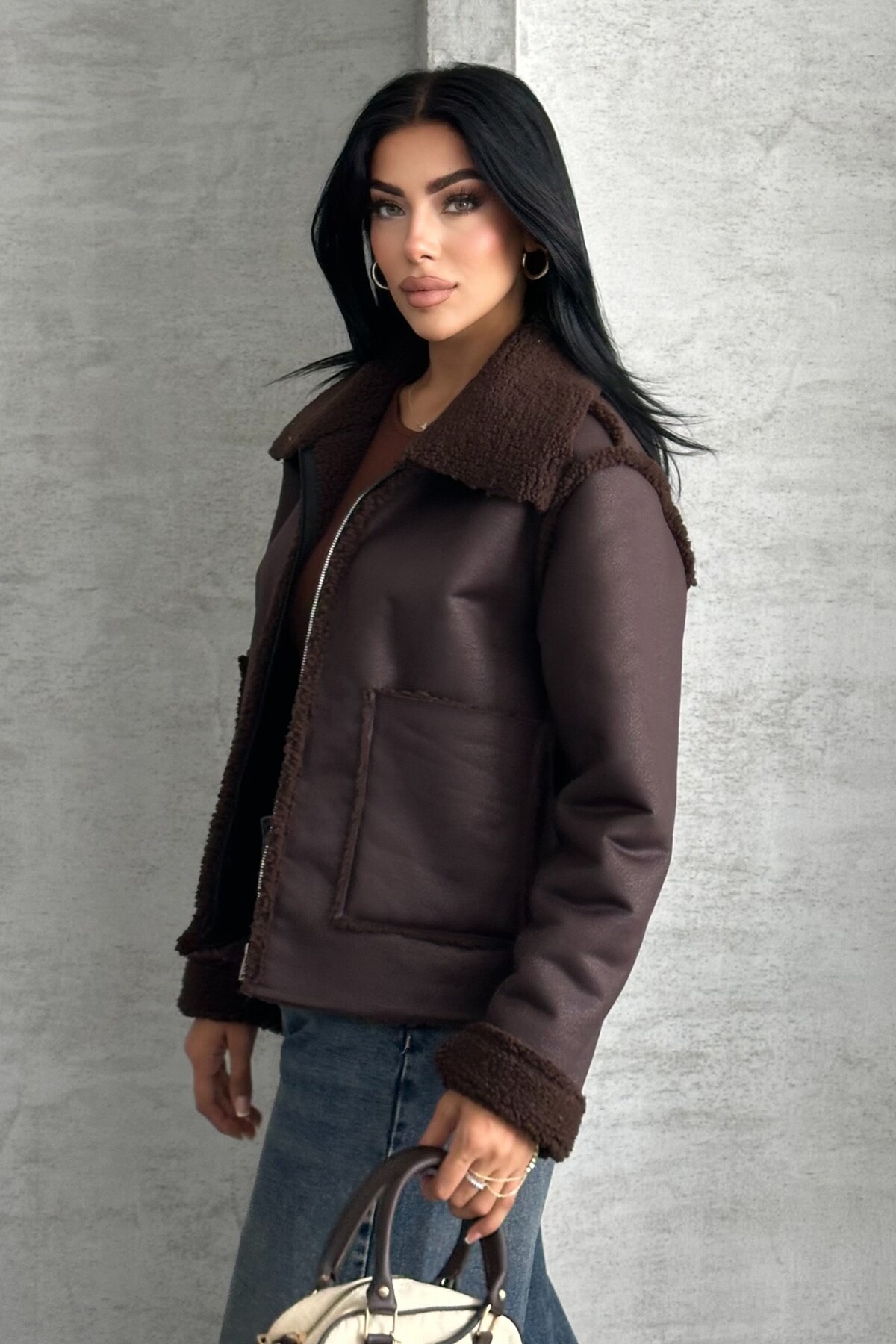 moda armanc  Kadın Çift Cepli İçi Suni Kürklü Suni Deri Biker Mont - Görsel 7