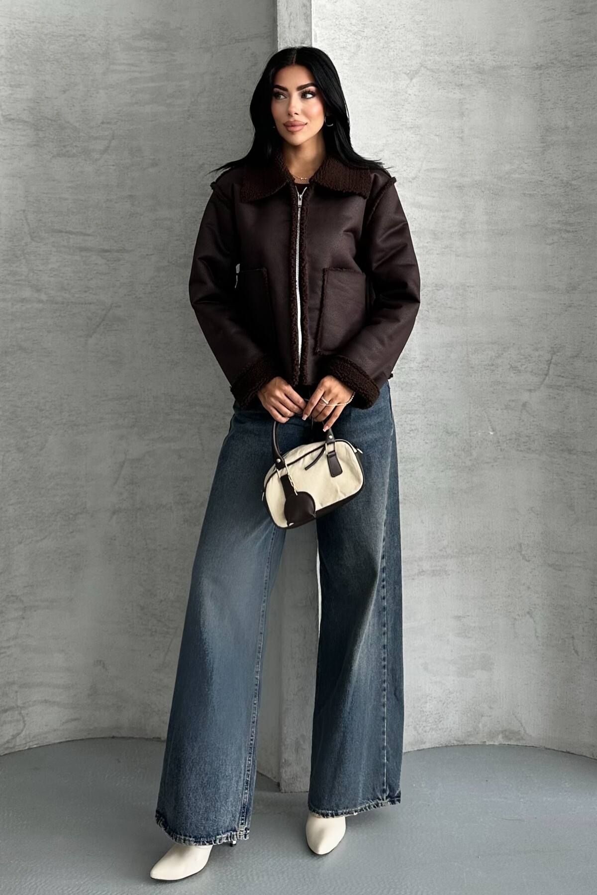 moda armanc  Kadın Çift Cepli İçi Suni Kürklü Suni Deri Biker Mont - Görsel 6