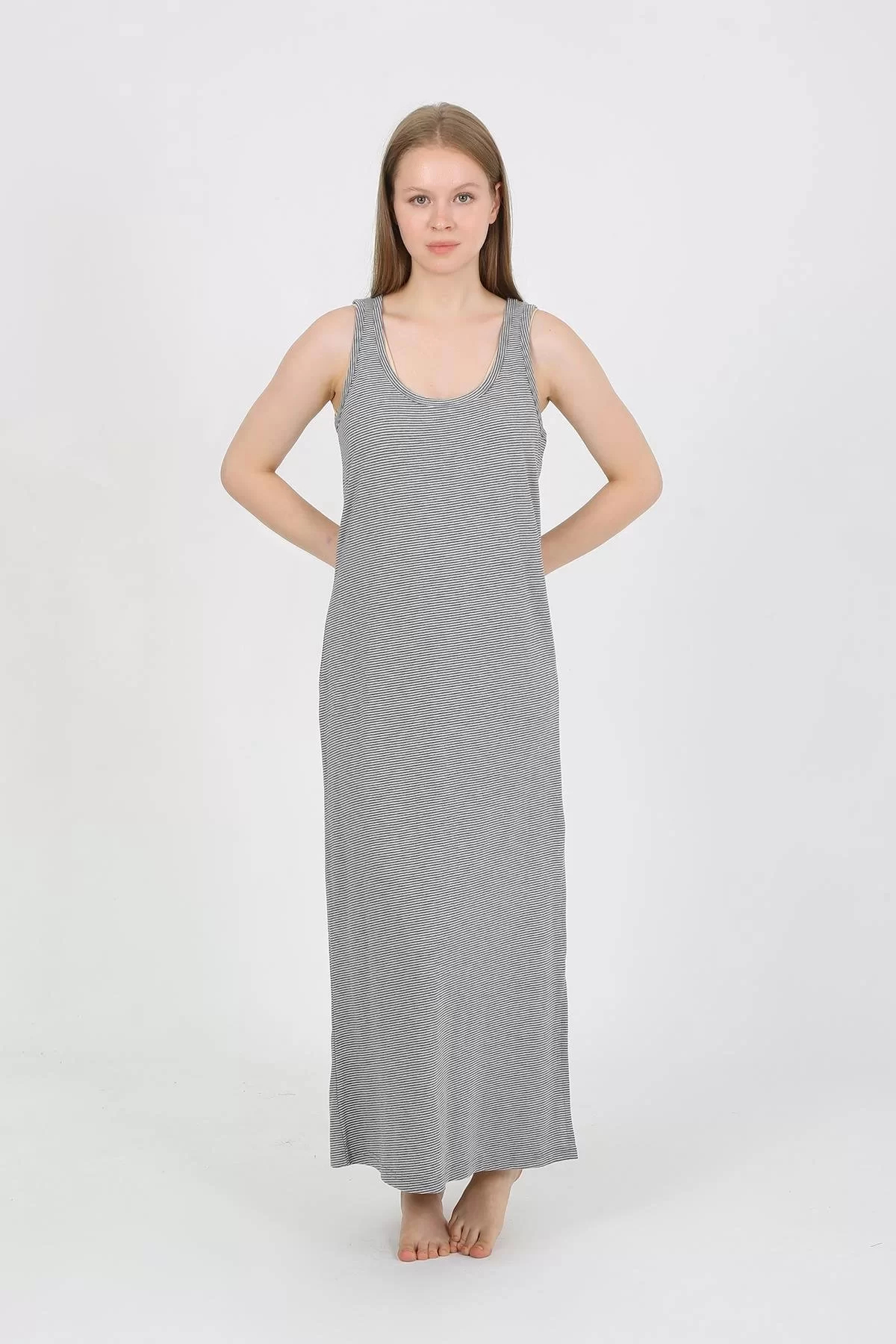 Çamaşır Kenti Kadın Kalın Askılı Yırtmaçlı Uzun Gri Gecelik