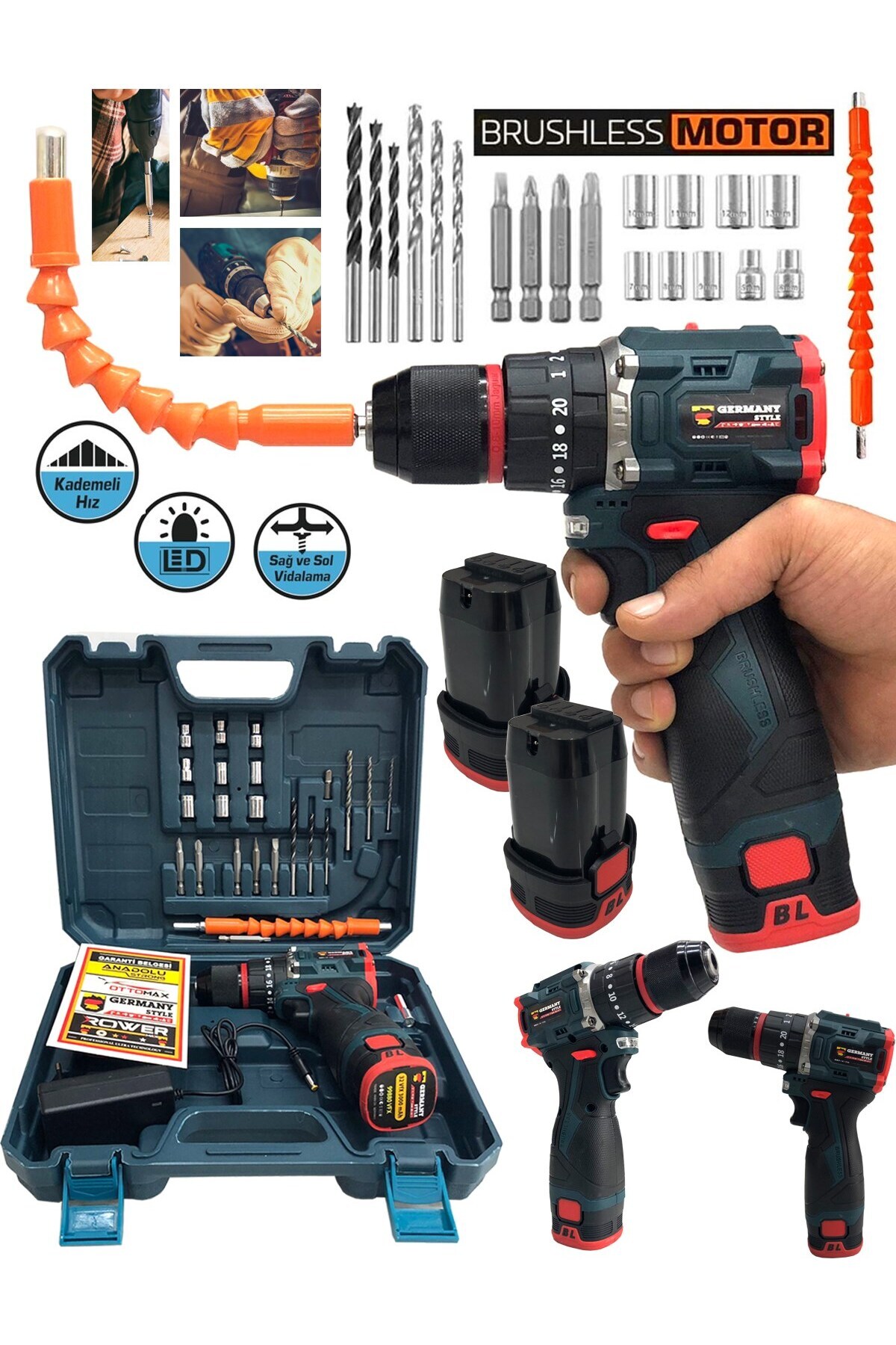 Germany Style 8014 Kömürsüz Darbeli Şarjlı Matkap Lion Armut Batarya Metal Şanzıman Çift Akülü Vidal