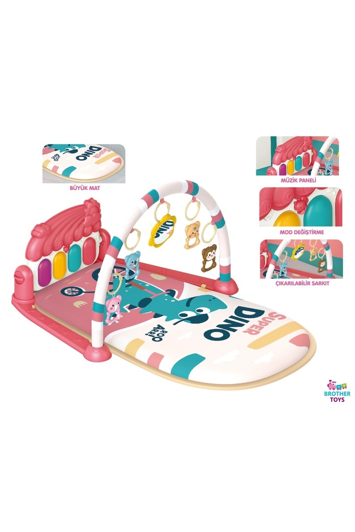 Brother Toys Piyanolu Dinozor Desenli Işıklı Aynalı Sevimli Oyun Halısı Aktivite Matı Oyuncak 75x52