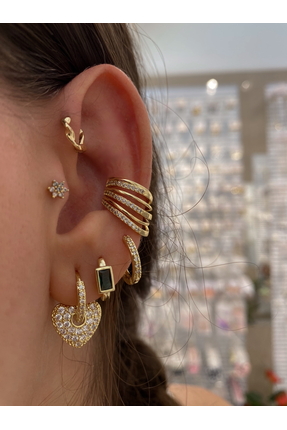 Glossy by Burcu Karataş Çoklu Zirkon Taşlı Küpe Seti Gold Renk(Earcuff ve Pie...