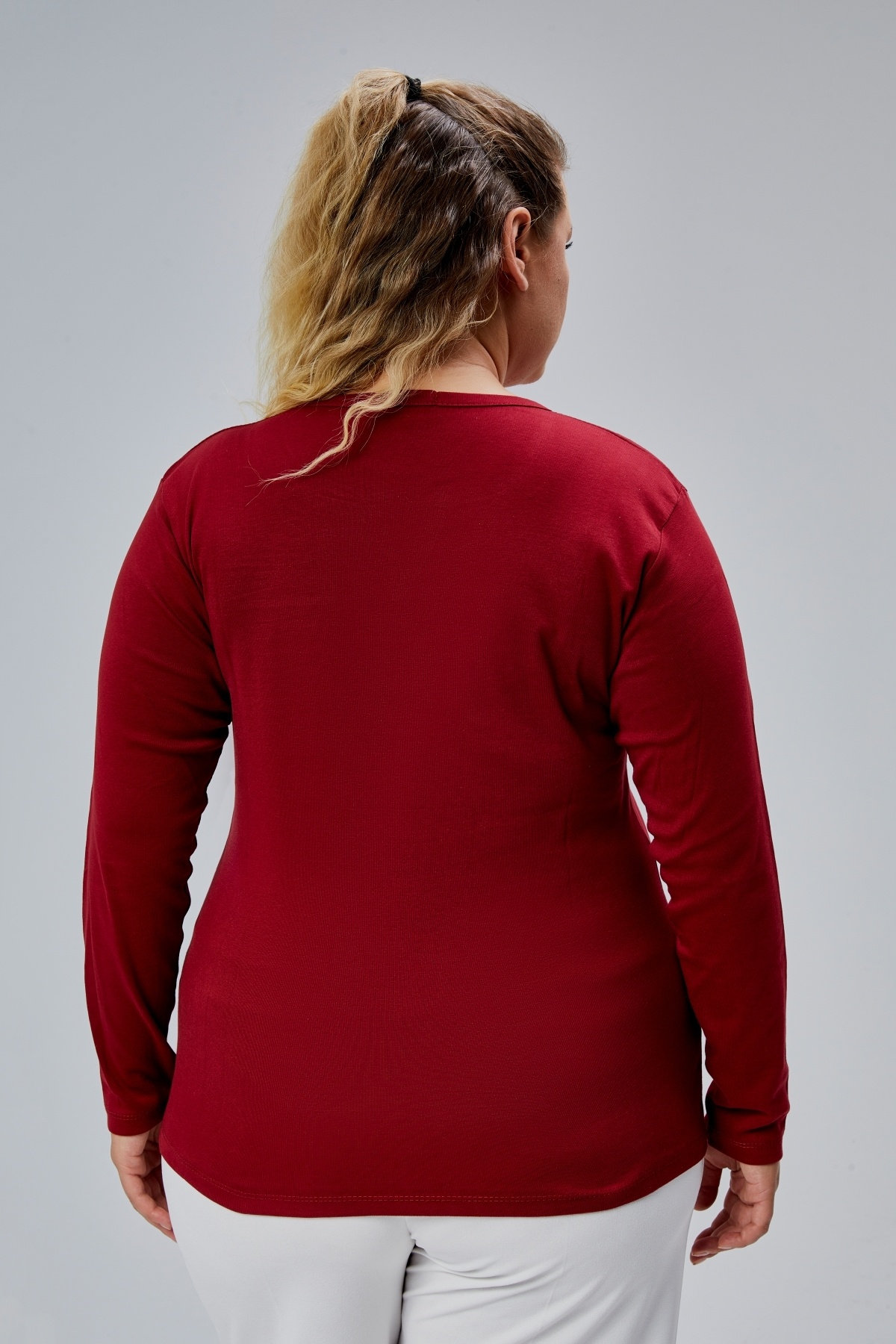 BANEGA  Curve Büyük Beden %100 Pamuklu Likralı Bisiklet Yaka Basic Düz Uzun Kol Bordo Bluz - Görsel 8