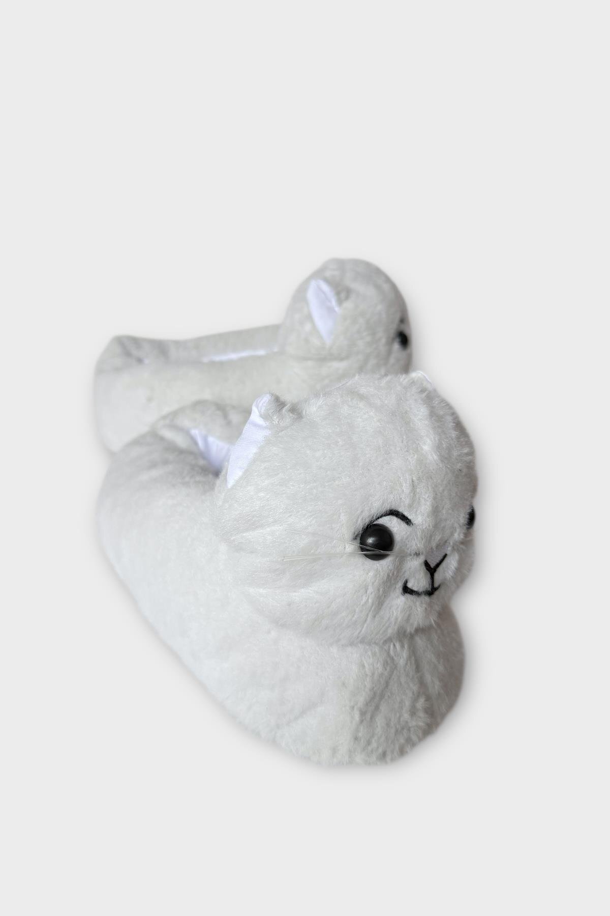 Liger Kadın Sevimli Kedi Figürlü Peluş Panduf BEYAZ görsel 4