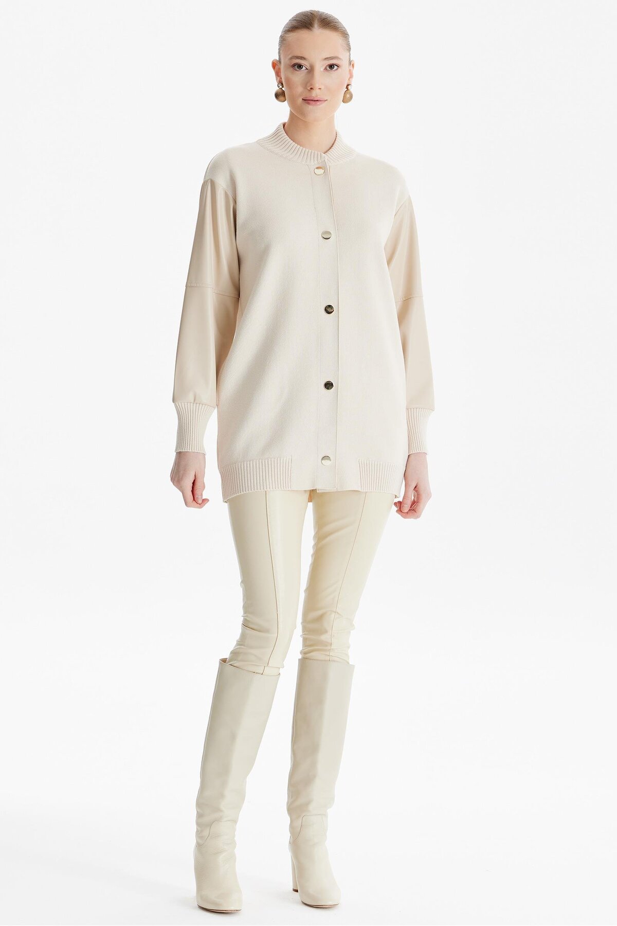 Genel Markalar  Kolları Deri Garnili Triko Bomber Ceket BEJ - Görsel 2