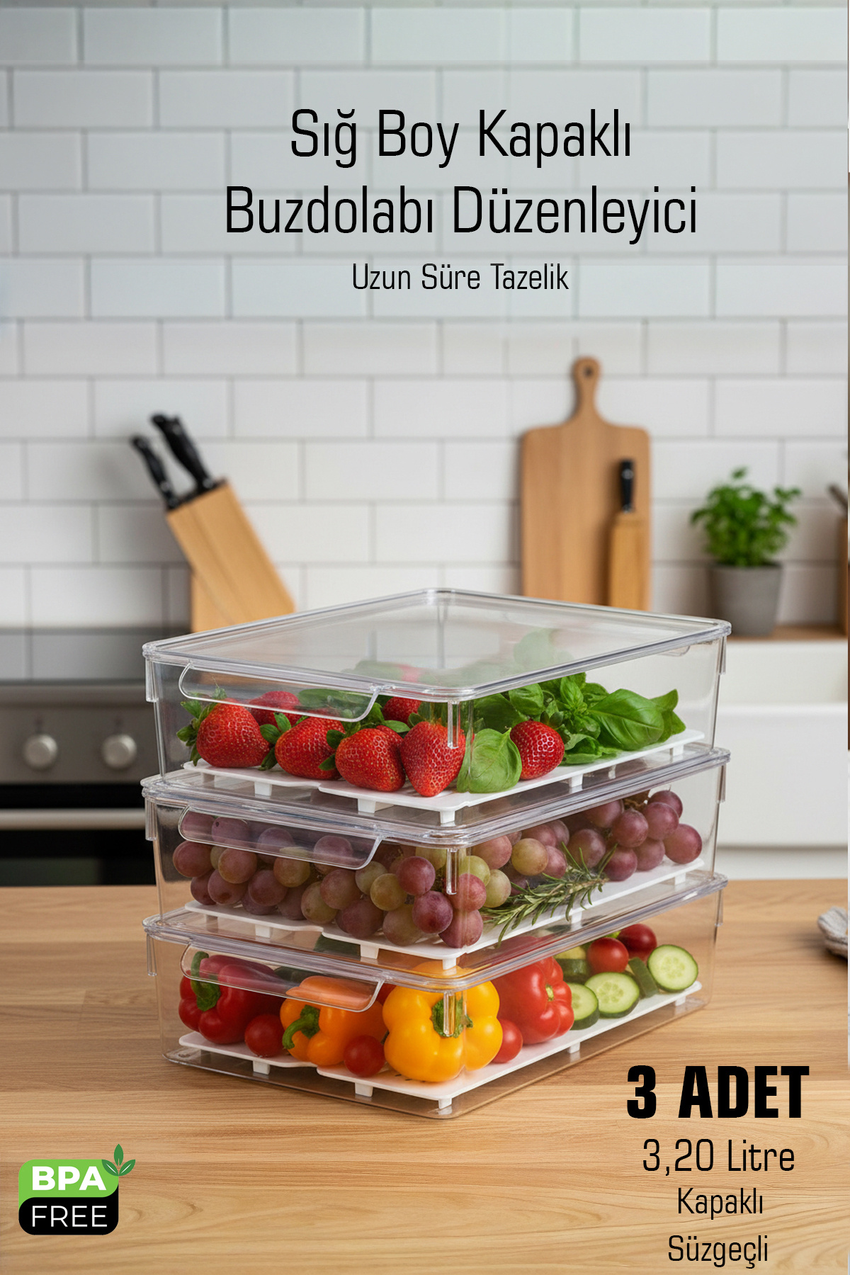 FİTHOME Sığ Boy FrostyBox Kapaklı Süzgeçli Buzdolabı Düzenleyici ve Dolap İçi Organizer 3 Adet