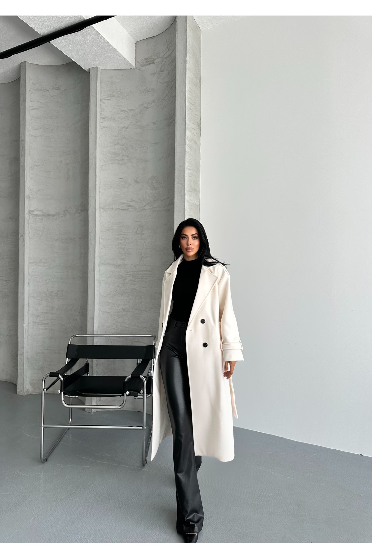 MEECY  Laura Kuşaklı Yeni Sezon Astarlı Premium Kalite Rahat Kalıp Kadın Kaşe Kaban Mont - Görsel 2