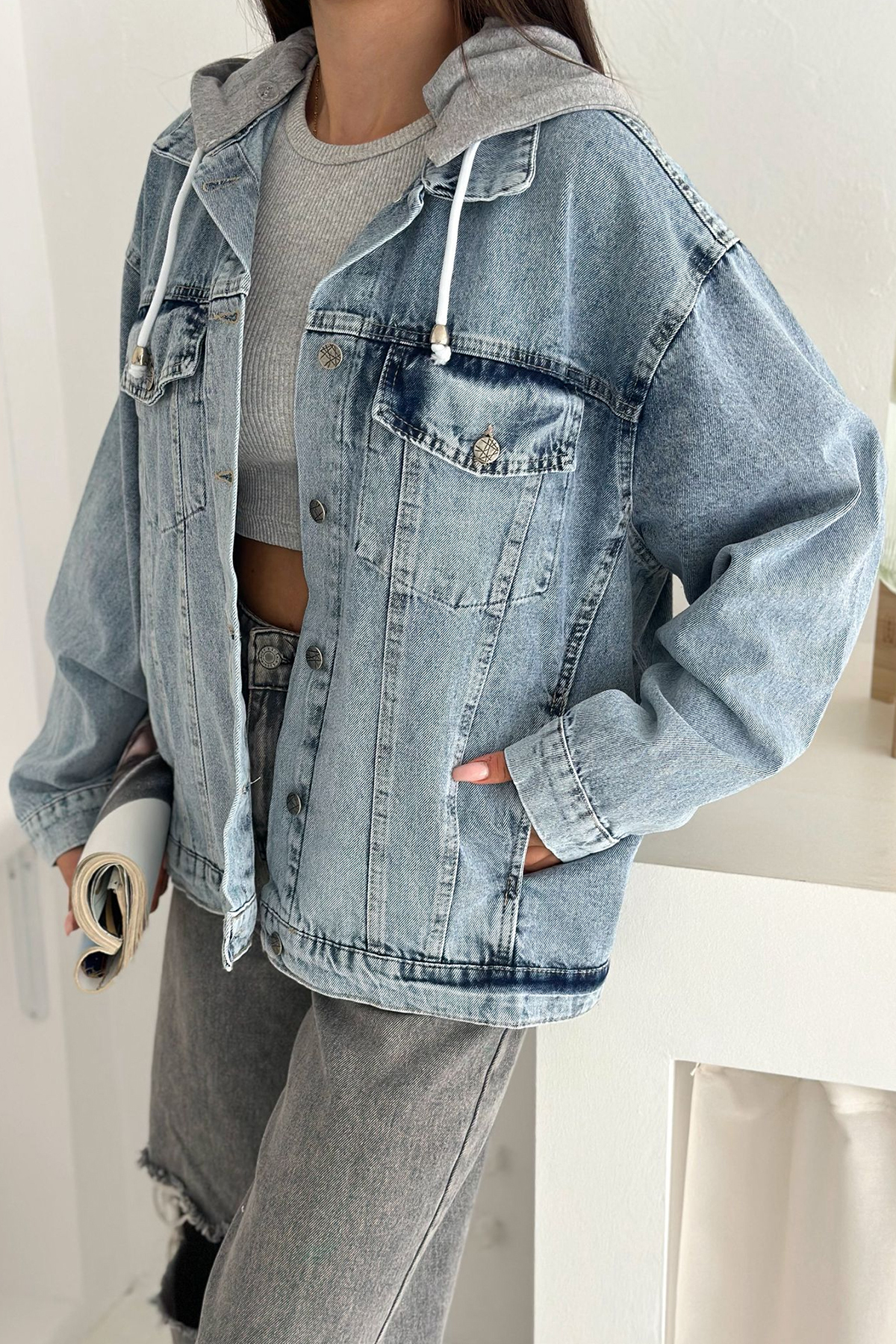 Noa&Noa Kadın Oversize Kapüşonlu Cepli Gömlek Ceket, Katmanlı & Rahat Stil görsel 3