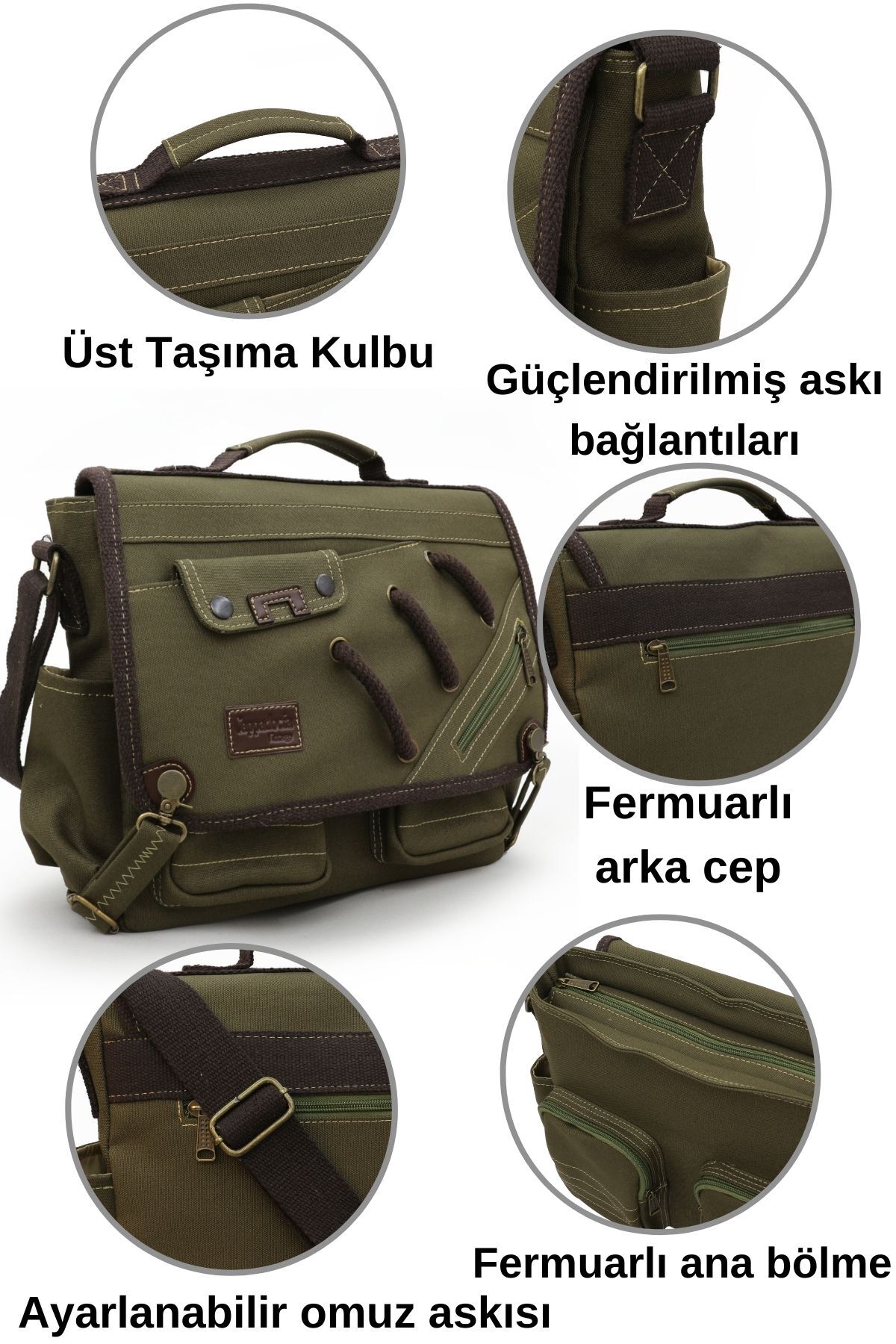 Cappadocia Vintage 4017 Haki 14" Laptop Kanvas Postacı Okul Çantası Unisex Kilitli Çok Cepli Omuz Askılı görsel 4
