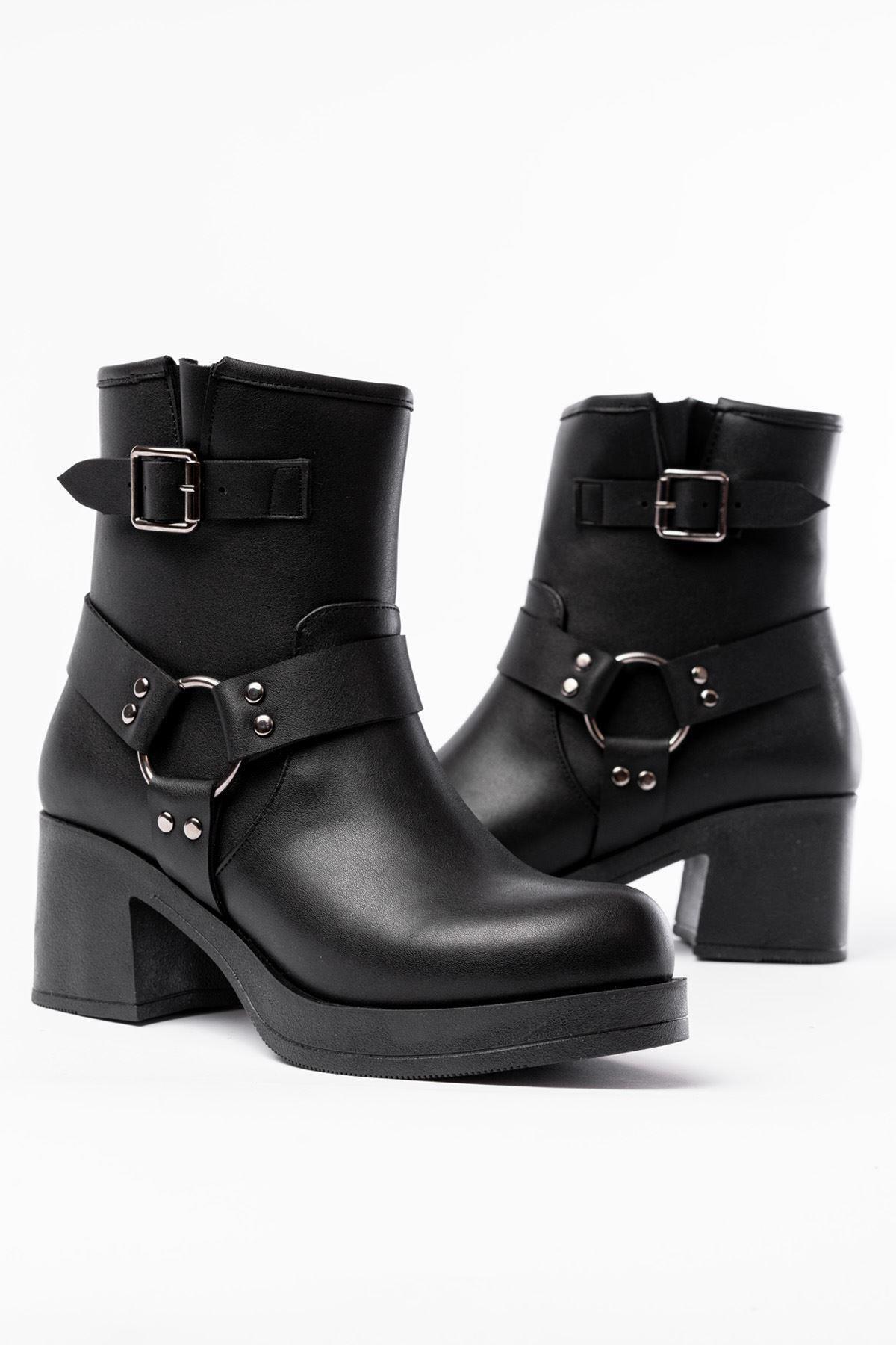 Mida Shoes 5109-3042 Siyah Toka Aksesuarlı Fermuarlı Kalın Topuklu Günlük Kadın Bot