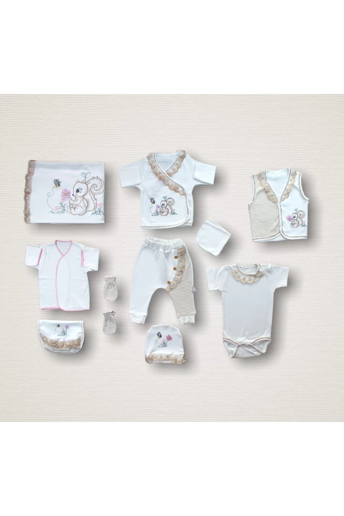 Diji Baby Minik Sincap Nakışlı %100 Cotton 10lu Zıbın Takımı Hastane Çıkışı