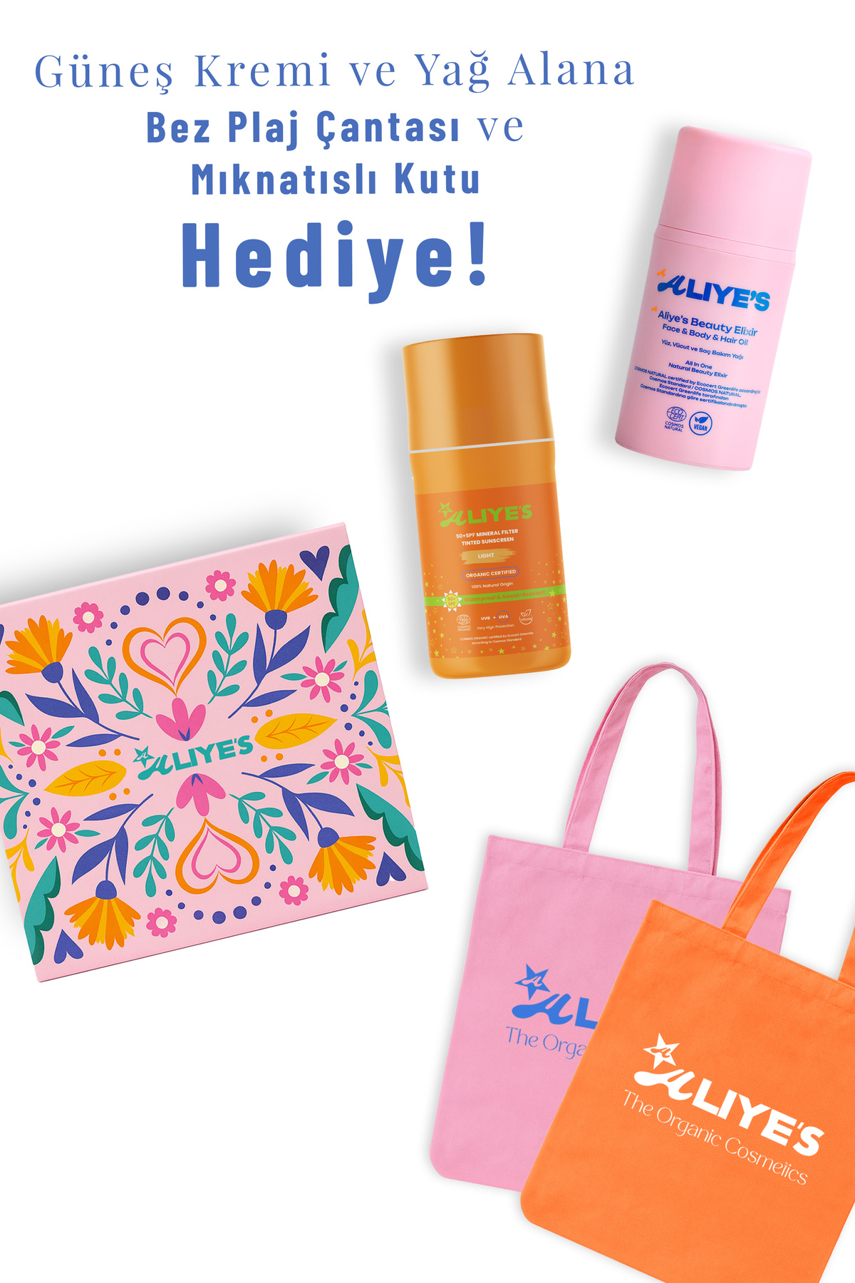 A Aliye's Aliyes Organik Güneş Kremi & Gece Yağı Seti – Hediye Mıknatıslı Kutu + Plaj Çantası