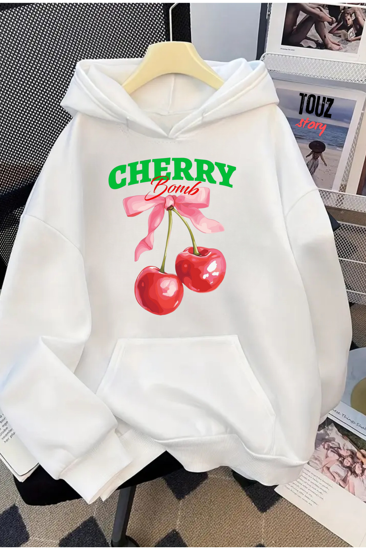 Touz Moda Cherry Baskılı Unisex Oversize Kapüşonlu Sweatshirt Hoodie