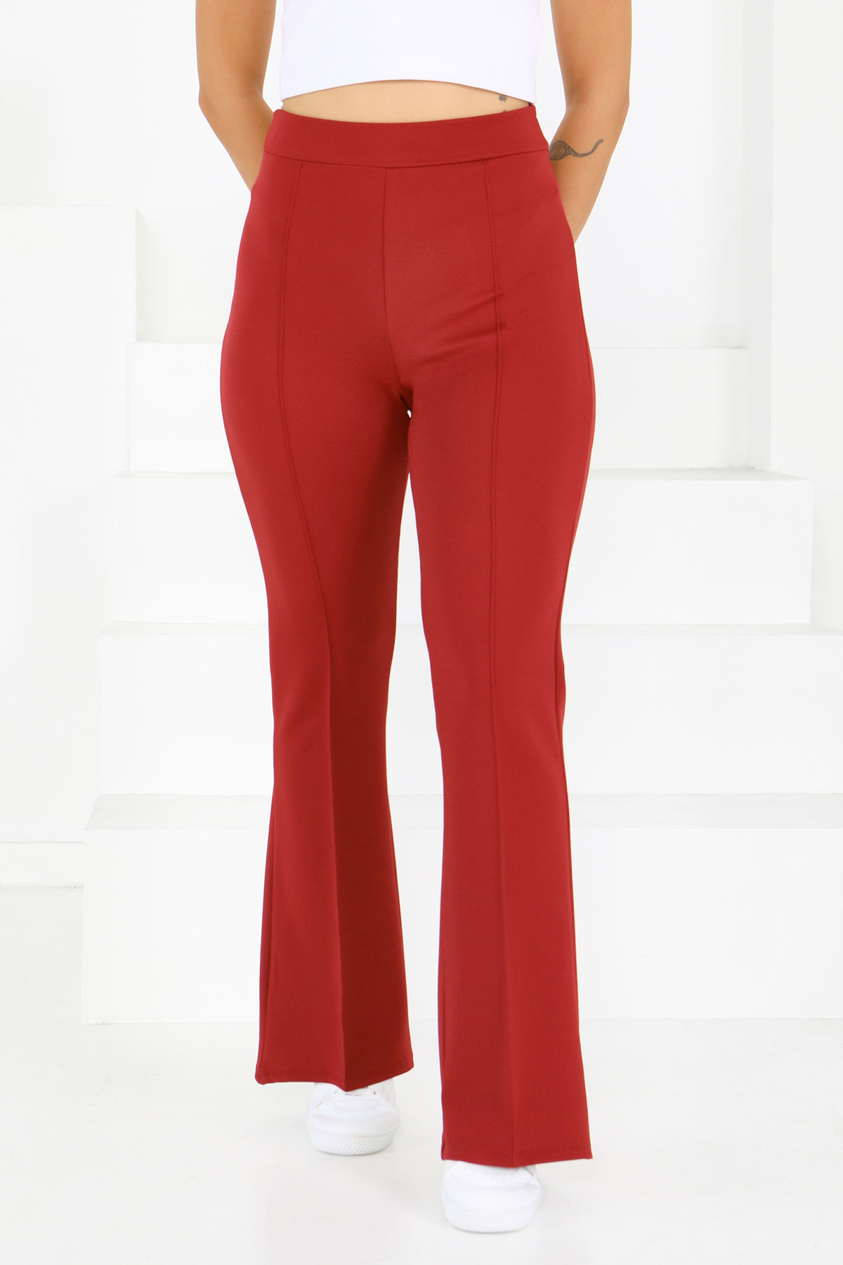 TOFİSA Çımalı İspanyol Paça Krep Pantolon Bordo - 27623