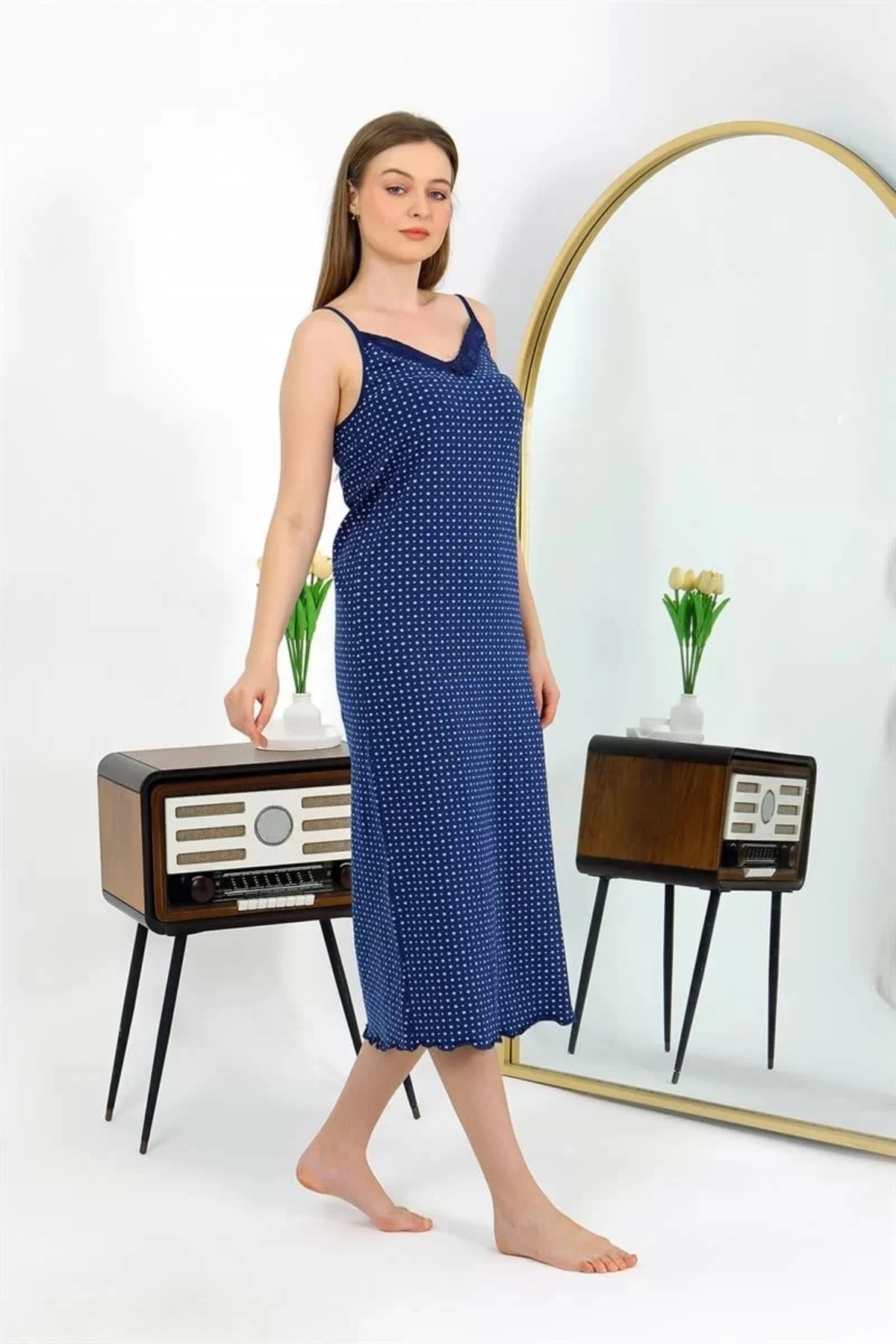 Nemere İp Askılı Uzun Yırtmaçlı Penye Gecelik Lacivert