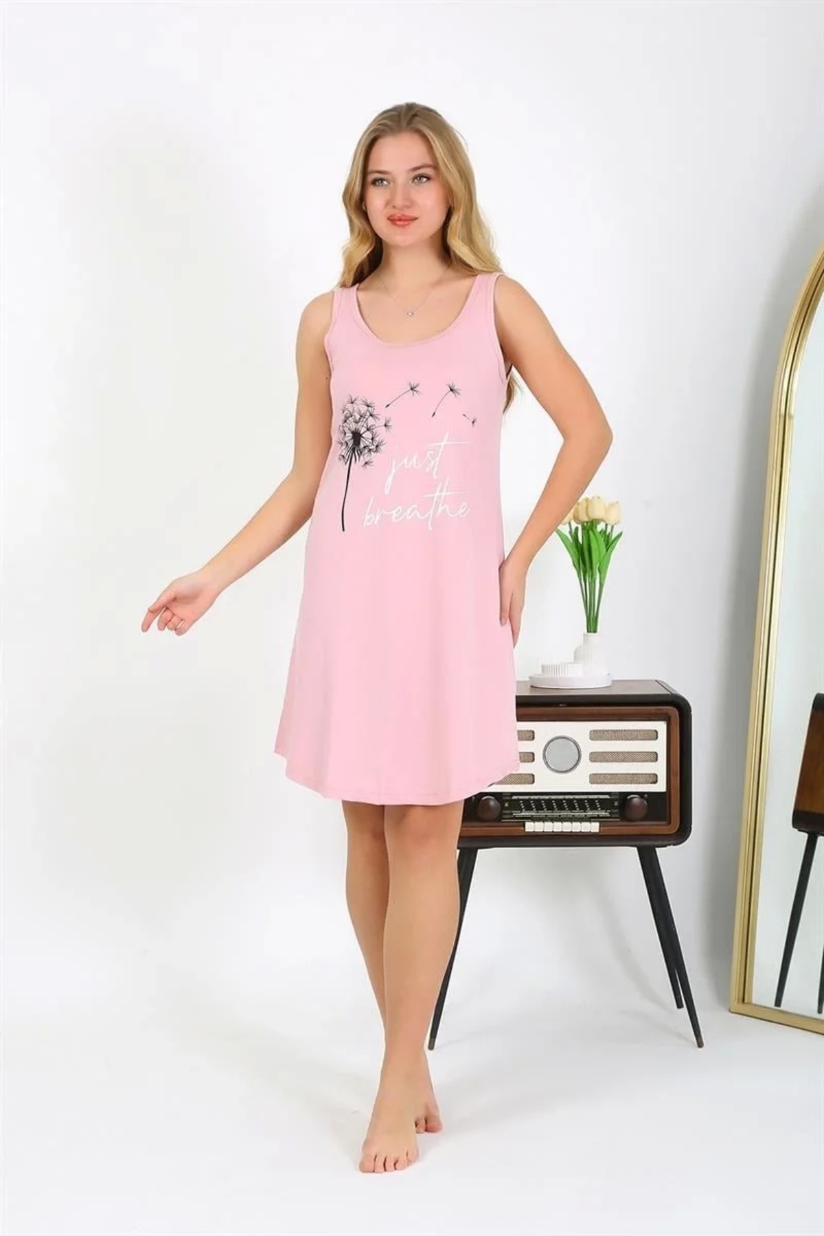 Nemere Kadın Kalın Askılı Penye Gecelik Pembe