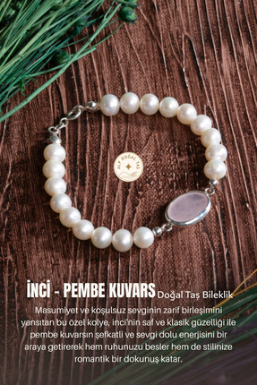 Alp Doğal Taş Sertifikalı Pembe Kuvars ve İnci Gümüş Aparatlı Doğal Taş Bileklik