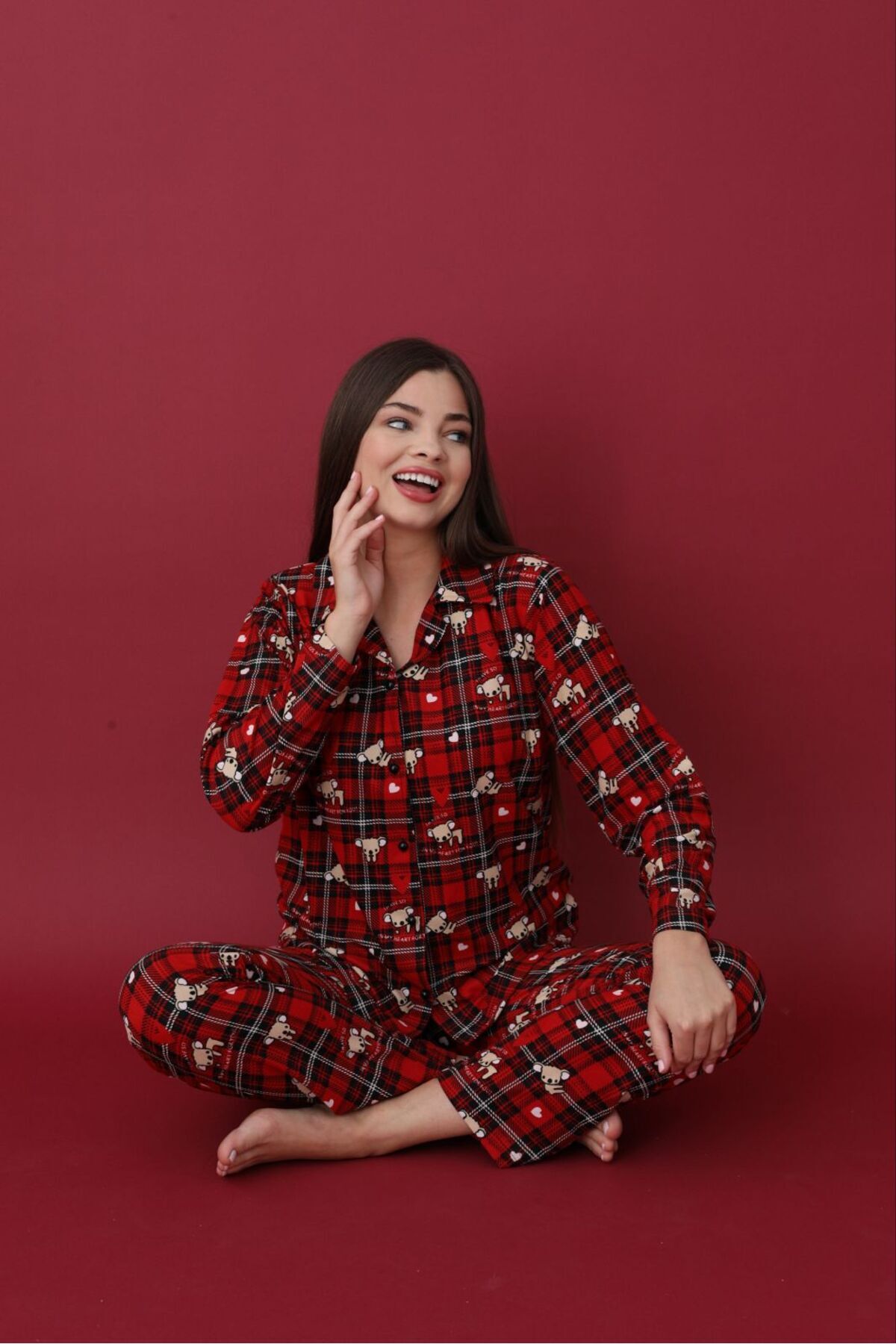 pijamaworld ÖNDEN DÜĞMELİ SÜET PİJAMA TAKIM
