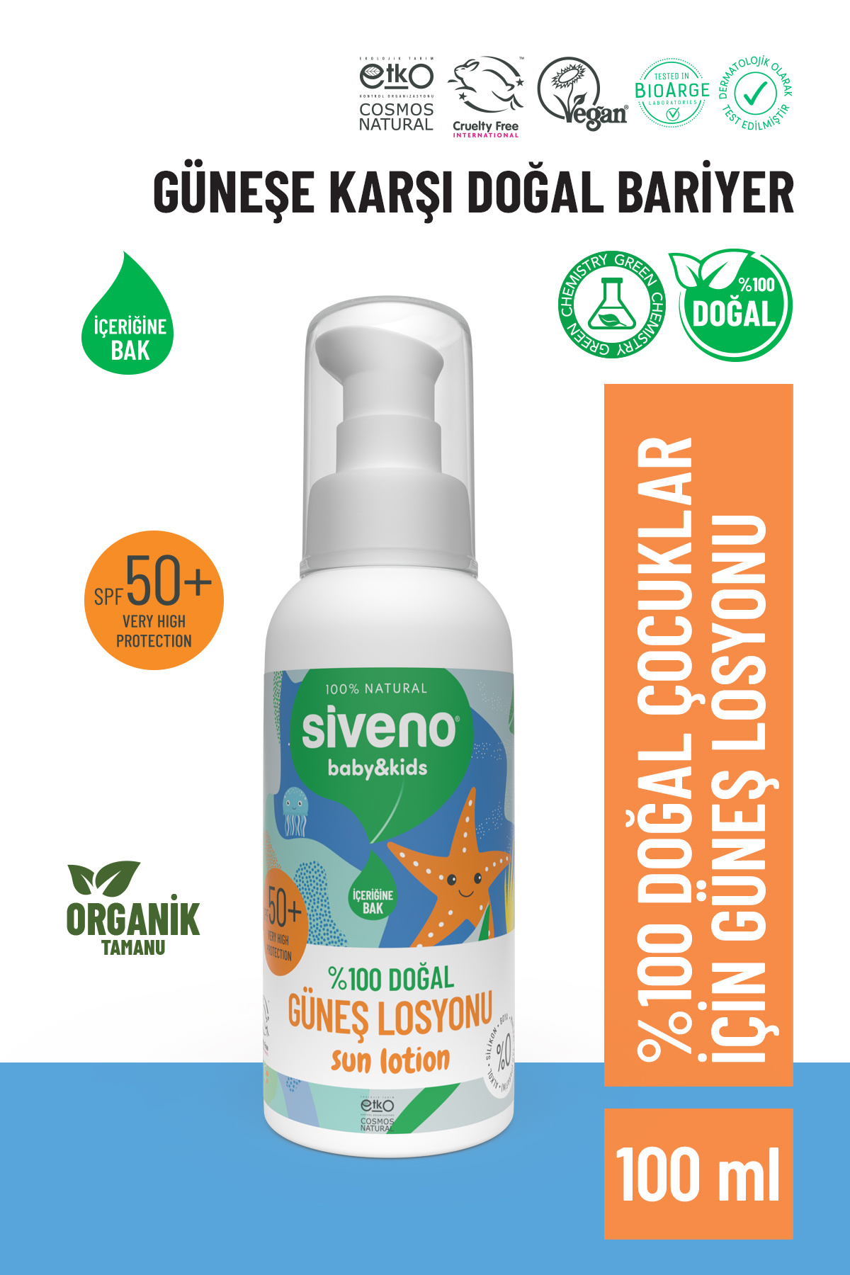 Siveno %100 Doğal Çocuk Güneş Losyonu- Leke Karşıtı Antioksidan Nemlendirici Bitkisel Vegan Uva Uvb 50spf