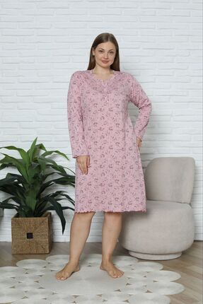 PİJAMUS Kadın Pembe Pamuklu Uzun Kollu Anne Gecelik