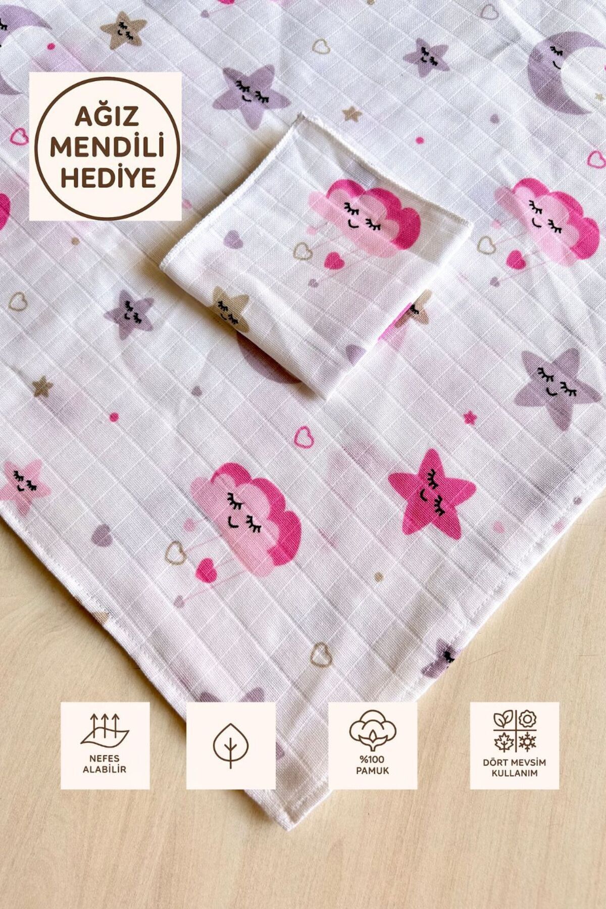 Sevza Kids Çok Amaçlı Müslin Örtü & Battaniye, Ağız Mendili Hediyeli, %100 Pamuk Bulutlu