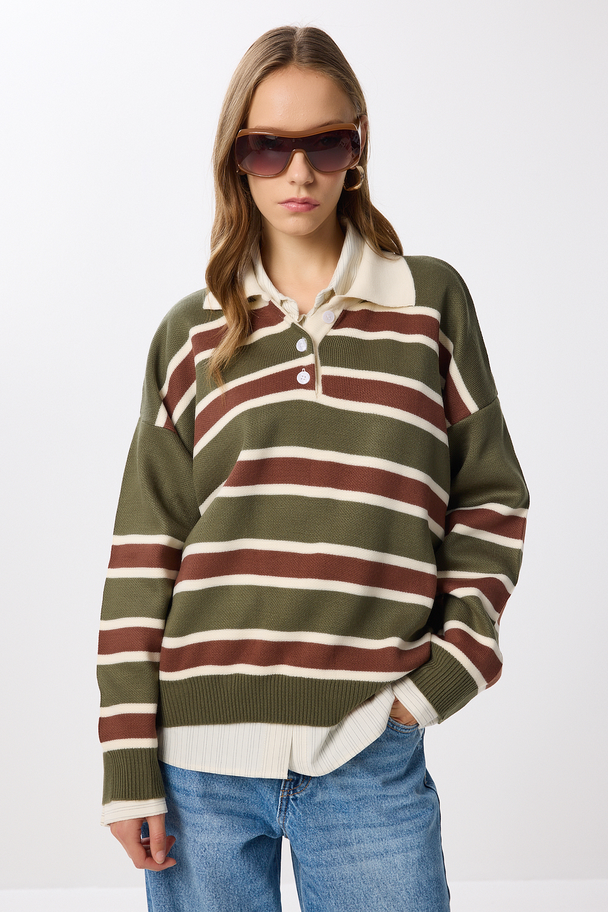 Lovelyİstanbul Polo Yaka Çizgili Triko Kazak LMW0024 HAKİ KREM görsel 3