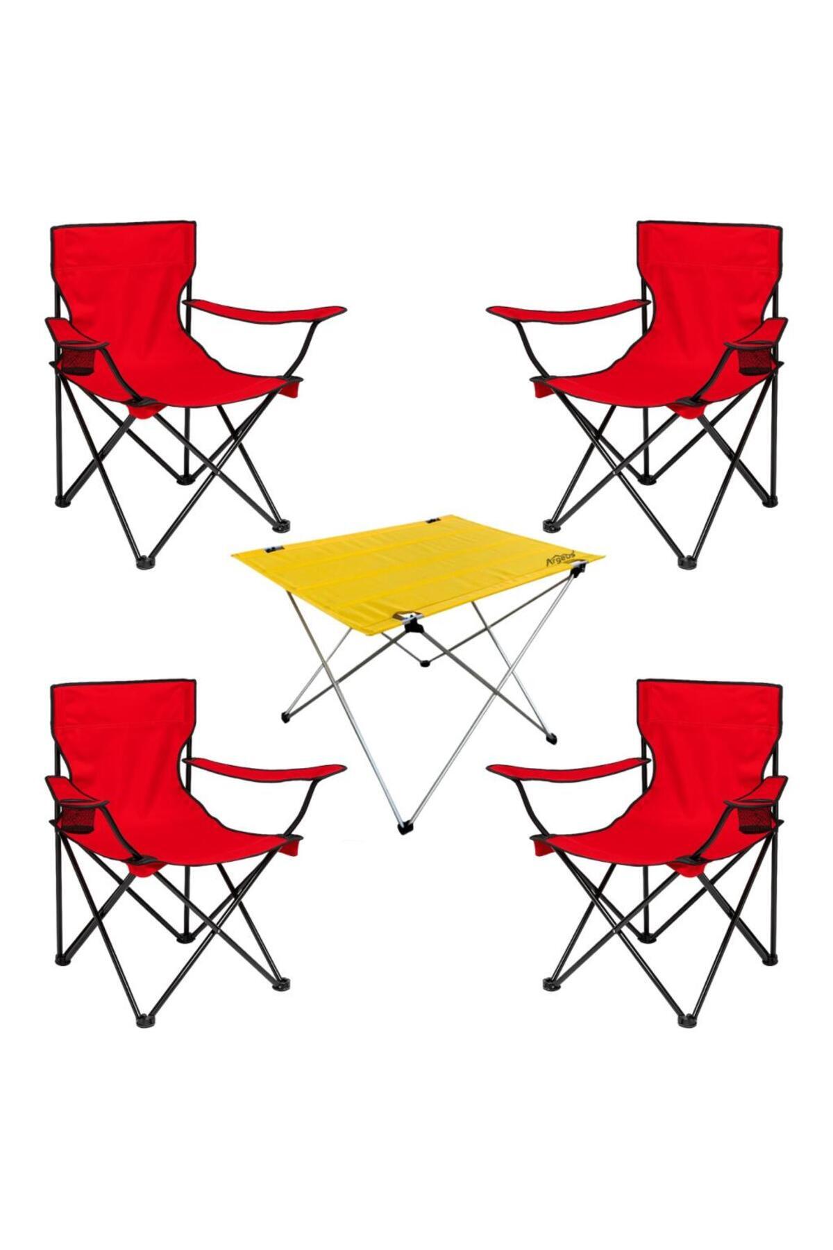 SAVEX 4 Adet Katlanır Kamp Sandalyesi ve Masa Seti - (DY.001) - Kırmızı/Sarı - Plaj Sandalyesi