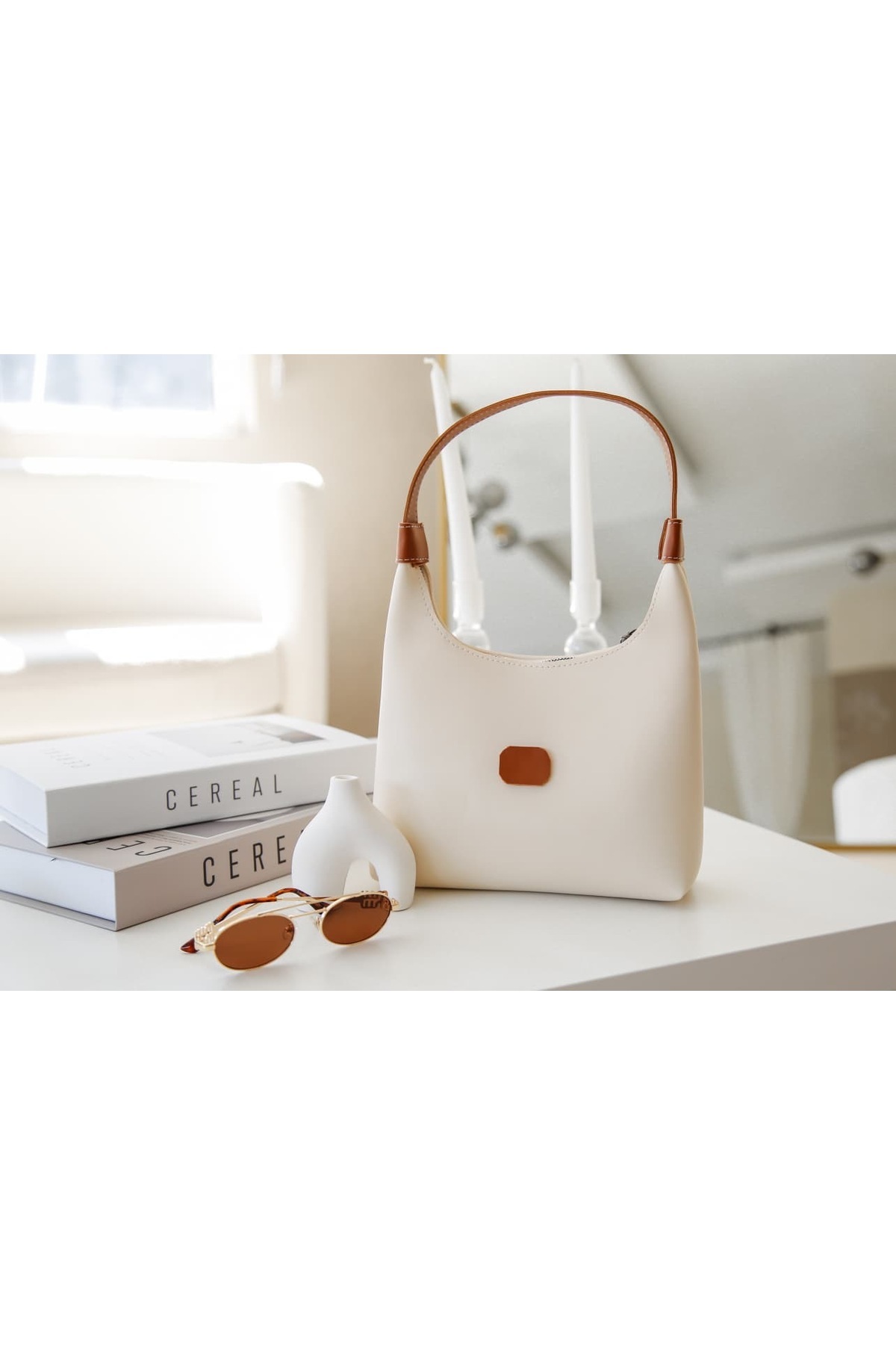 LİZZY BAG Krem Taba Suni Deri Fermuarlı El Çantası
