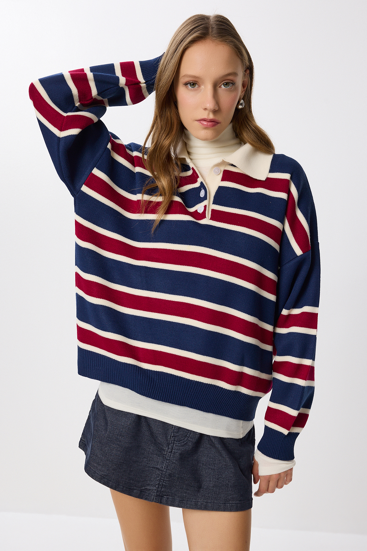 Lovelyİstanbul  Polo Yaka Çizgili Triko Kazak LMW0024 LACİVERT BORDO - Görsel 4