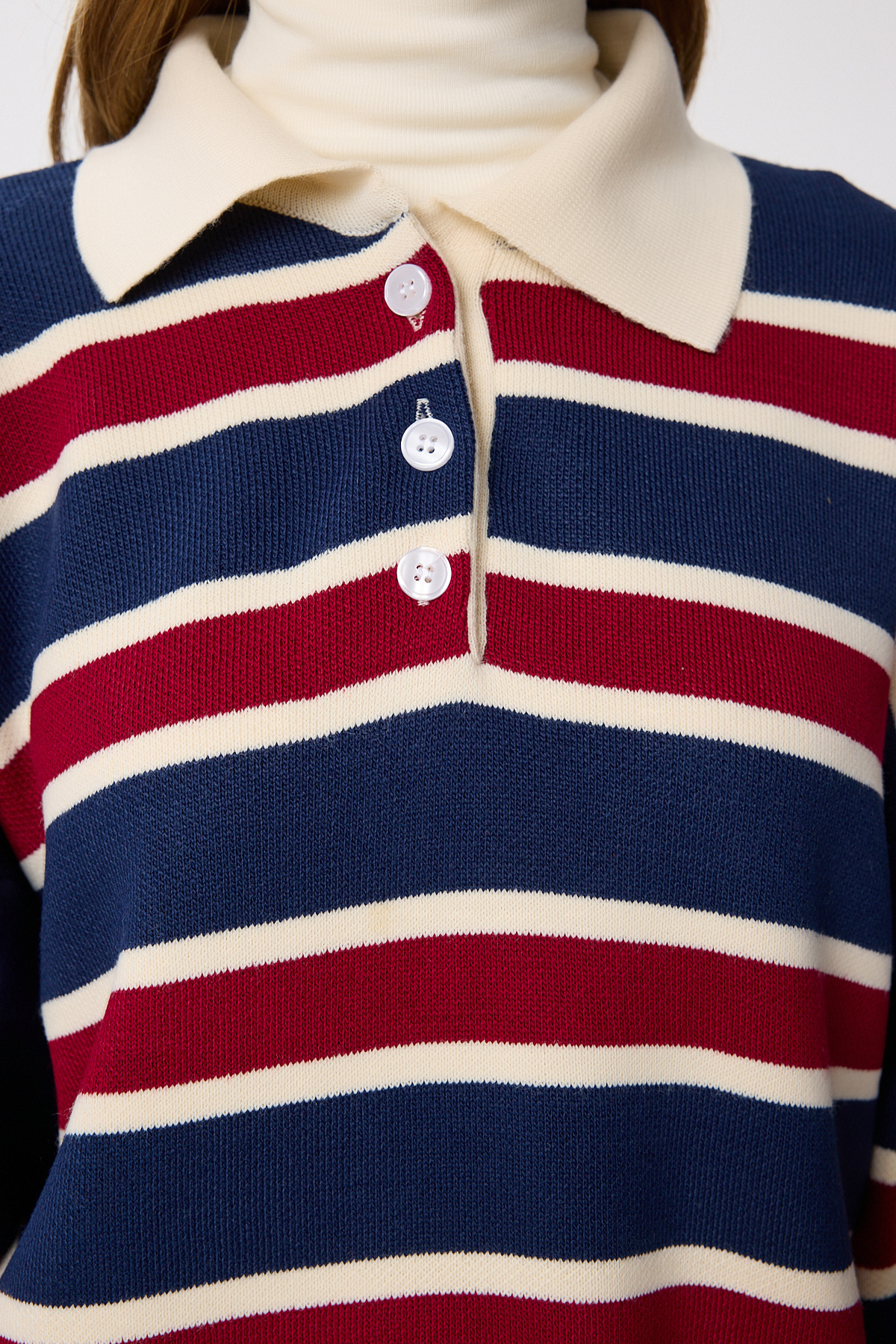 Lovelyİstanbul  Polo Yaka Çizgili Triko Kazak LMW0024 LACİVERT BORDO - Görsel 5