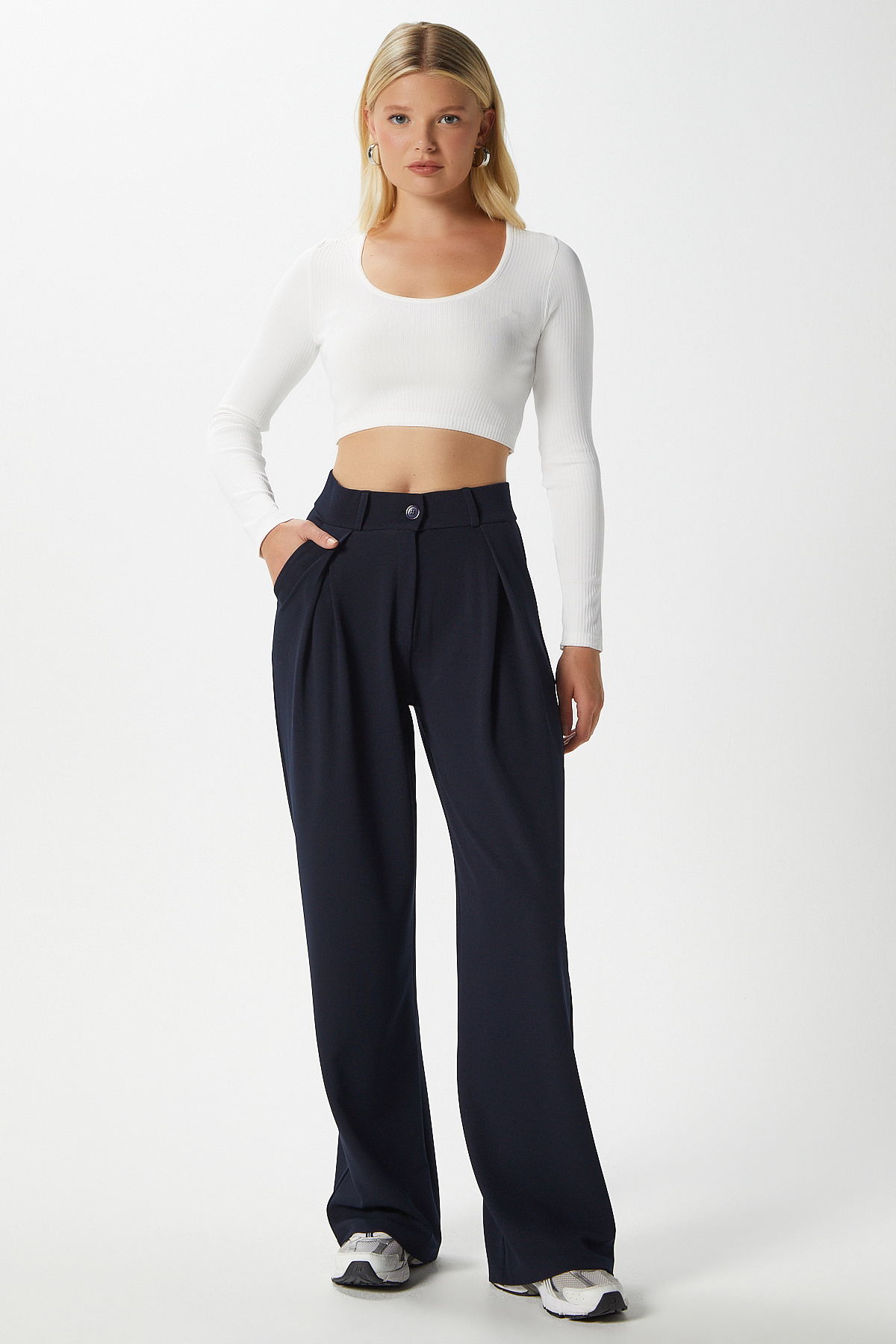 Ritnice  Likra Serisi Viora Açık Pile Esnek Lacivert Palazzo Pantolon - Görsel 3
