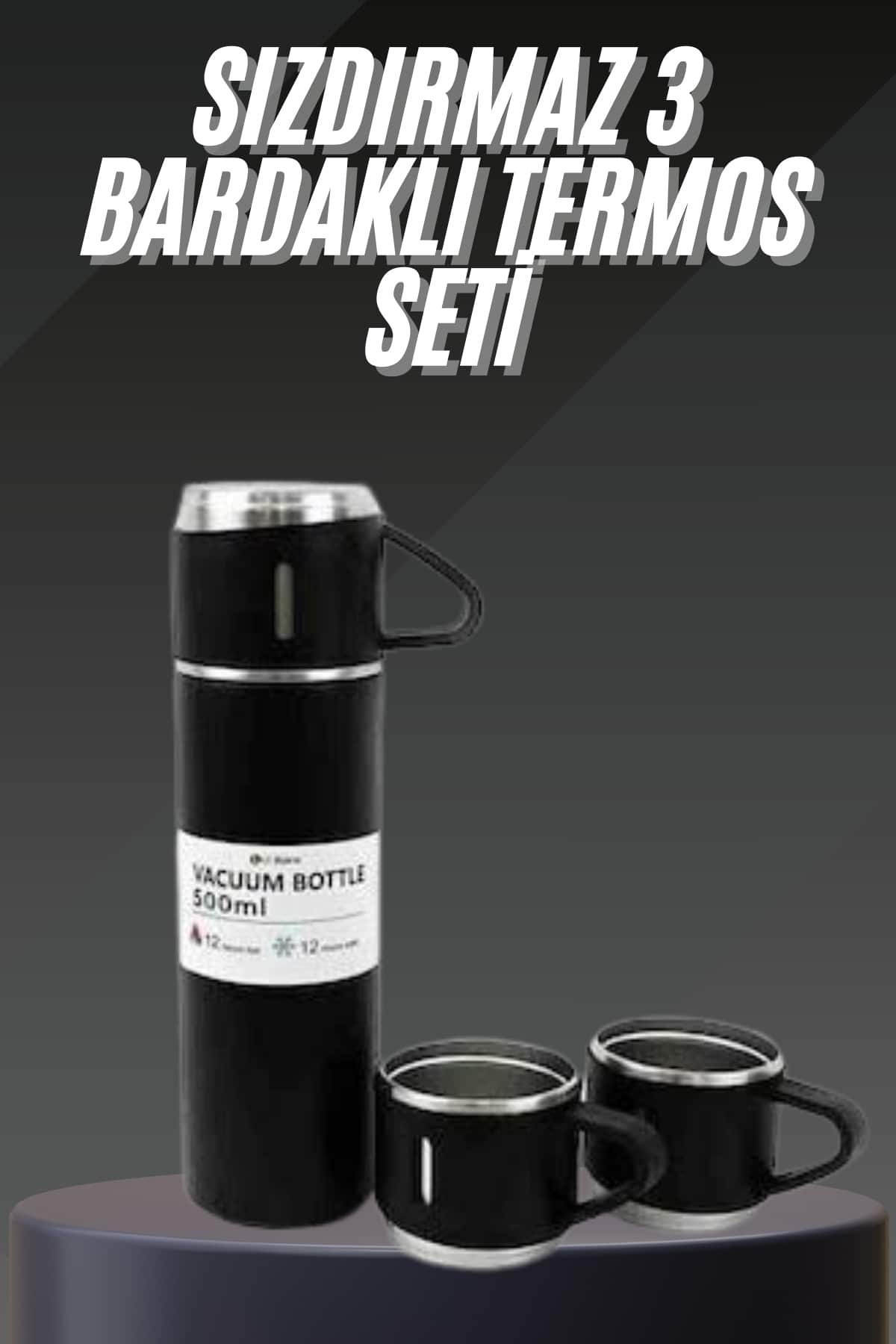 AyrStore Termos Seti Paslanmaz Çelik 3 Bardaklı Vakumlu Termos Set 500 Ml 12 Saate Kadar Isı Koruma