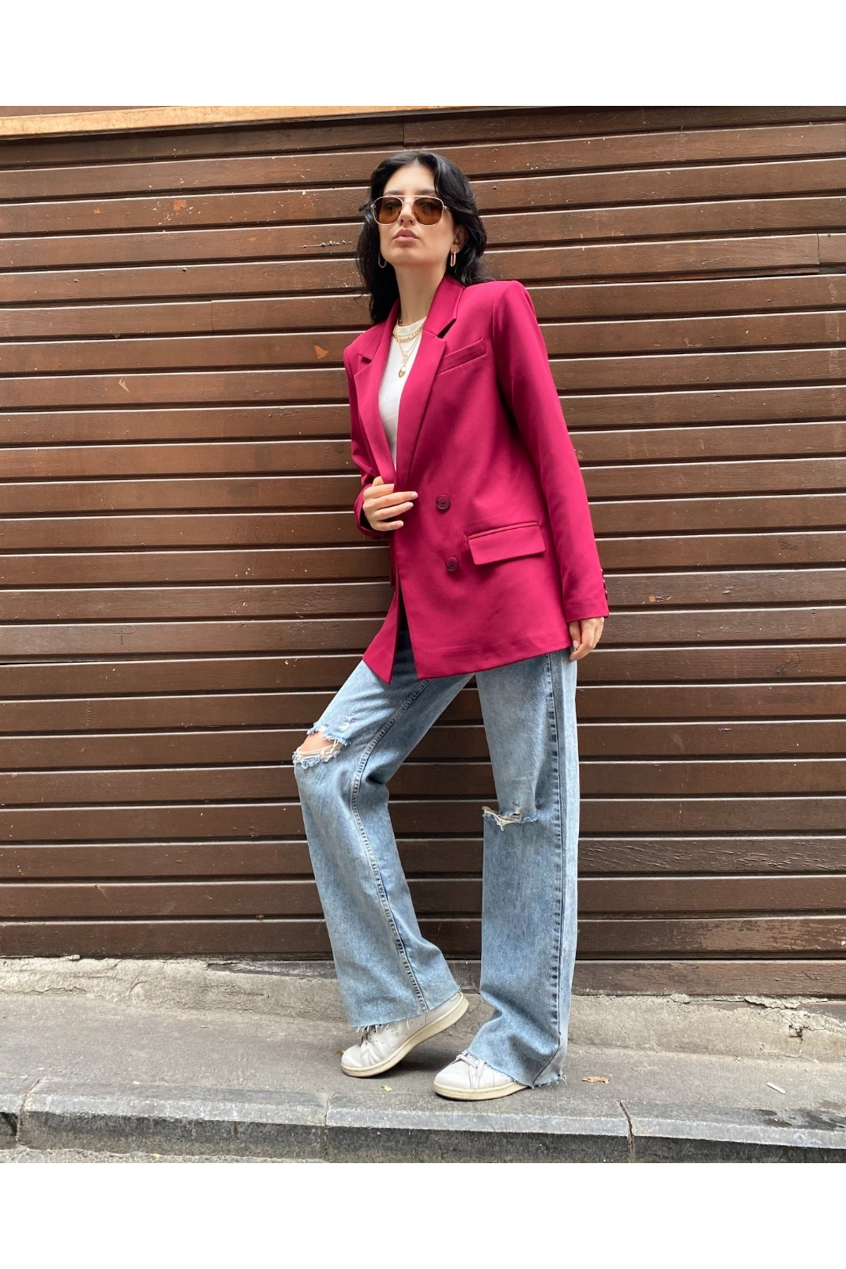 Kadın Mürdüm Kruvaze Oversize Blazer Ceket Düğme Detaylı