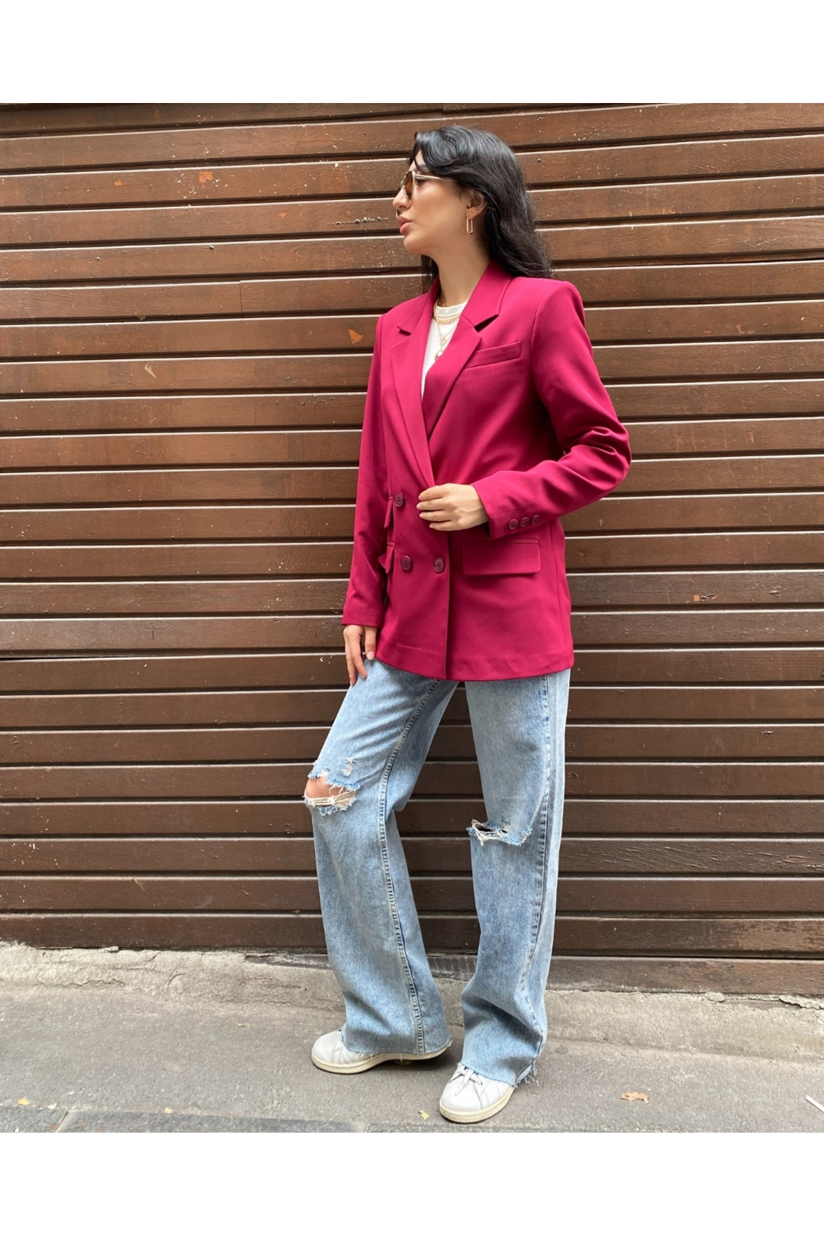 Kadın Mürdüm Kruvaze Oversize Blazer Ceket Düğme Detaylı