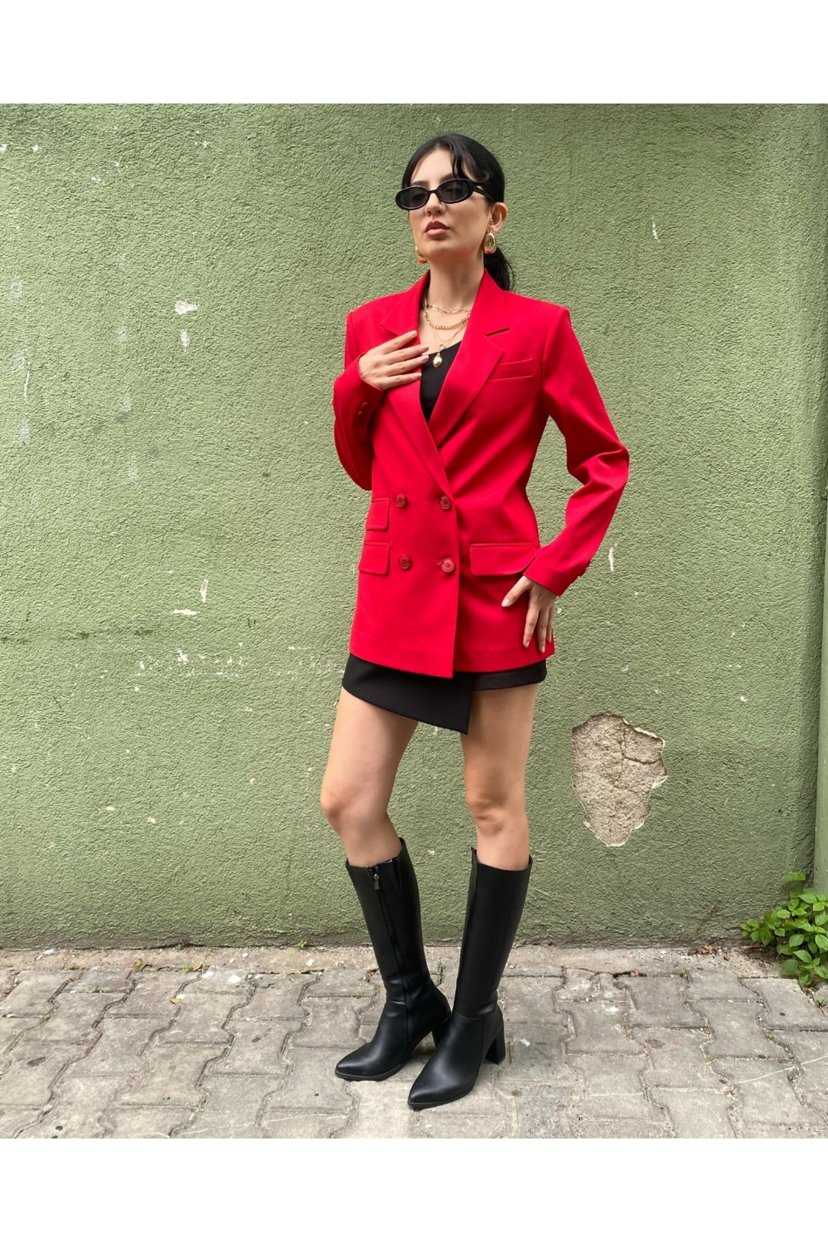 Kadın Kırmızı Kruvaze Oversize Blazer Ceket Düğme Detaylı