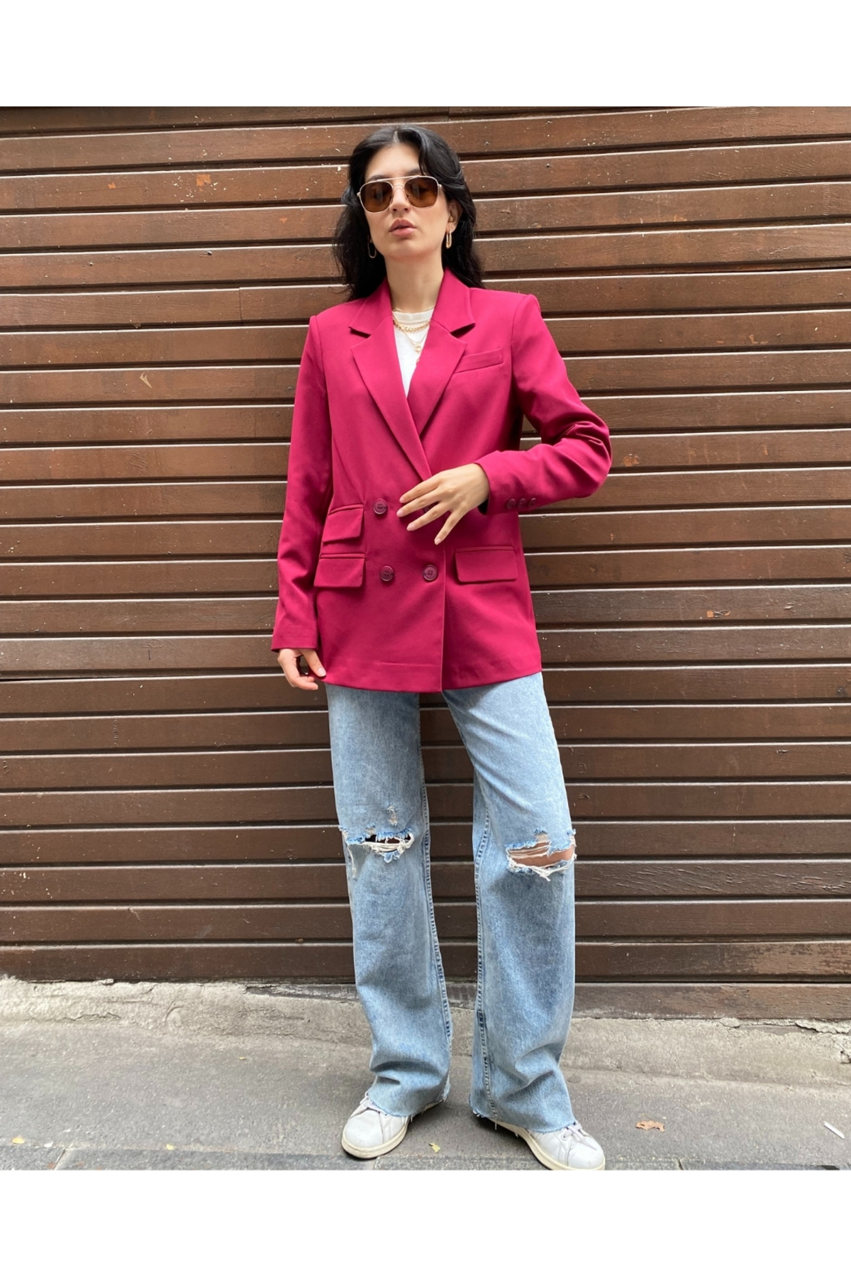 Kadın Mürdüm Kruvaze Oversize Blazer Ceket Düğme Detaylı