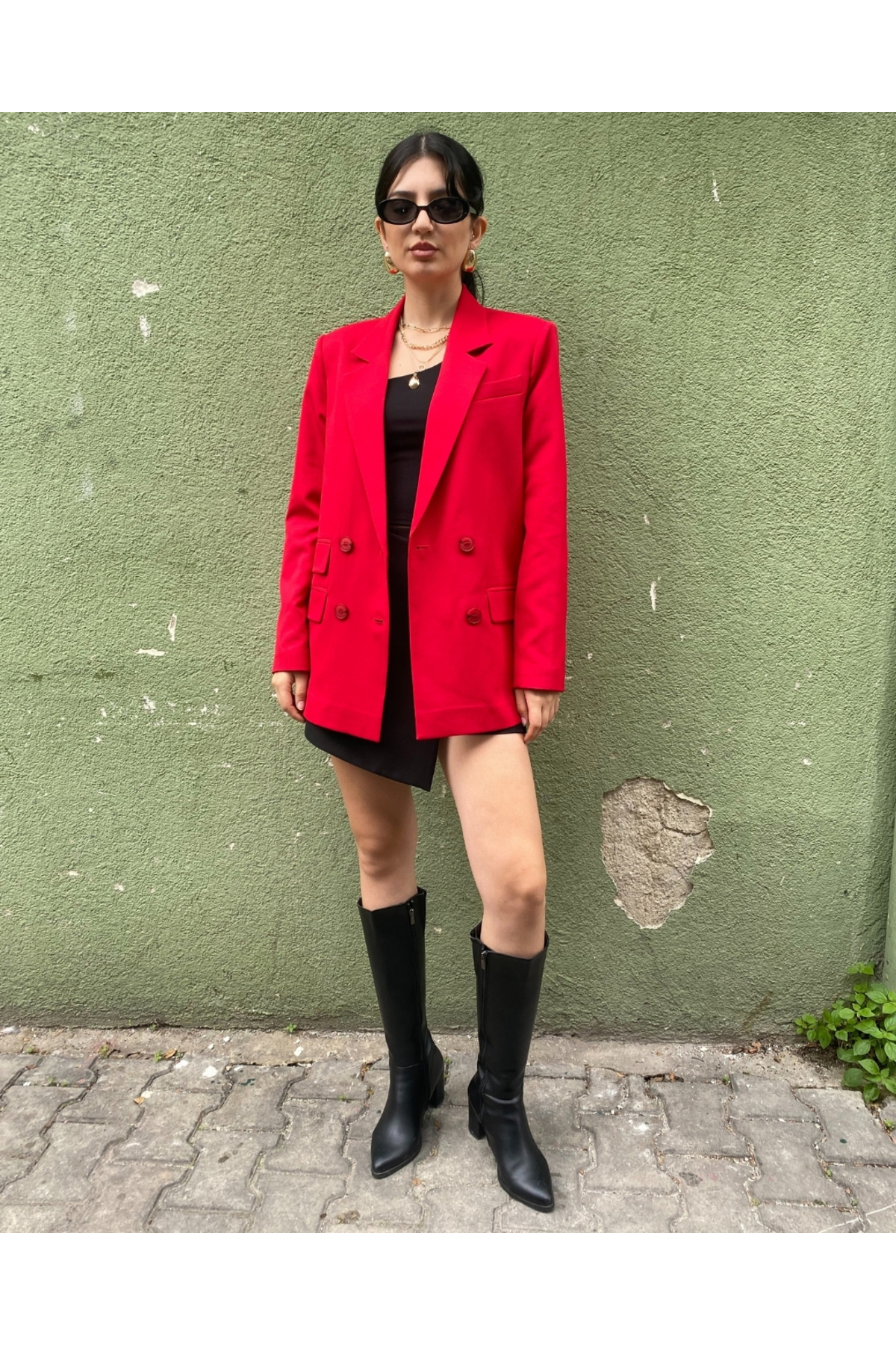 Kadın Kırmızı Kruvaze Oversize Blazer Ceket Düğme Detaylı