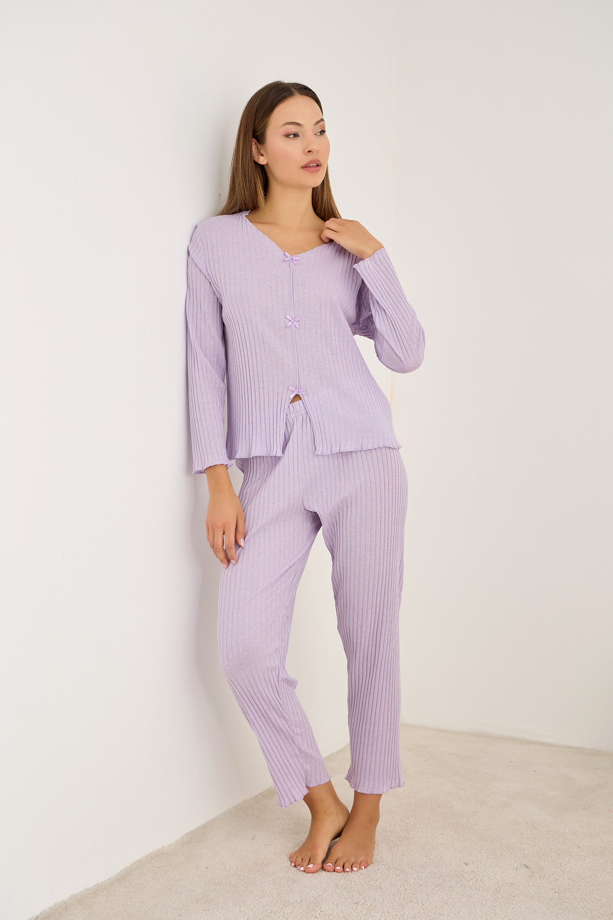 Siyah İnci lila fiyonklu Fitilli Kaşkorse Uzun Kollu Pijama Takım 7937 görsel 2