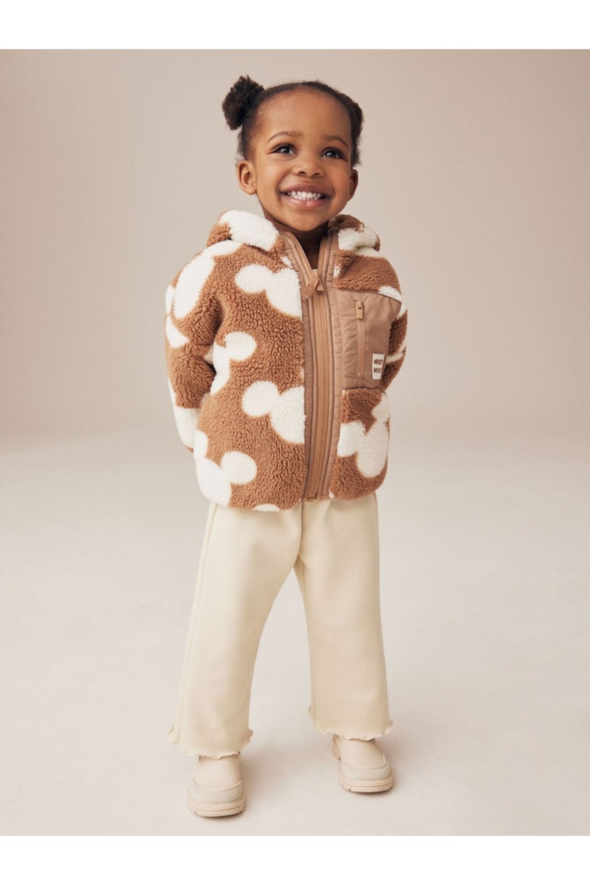 Next Baby Cotton Brown Mickey Mouse Hooded Patterned Borg Jacket / Coat fotoğrafı 2 (önizleme)