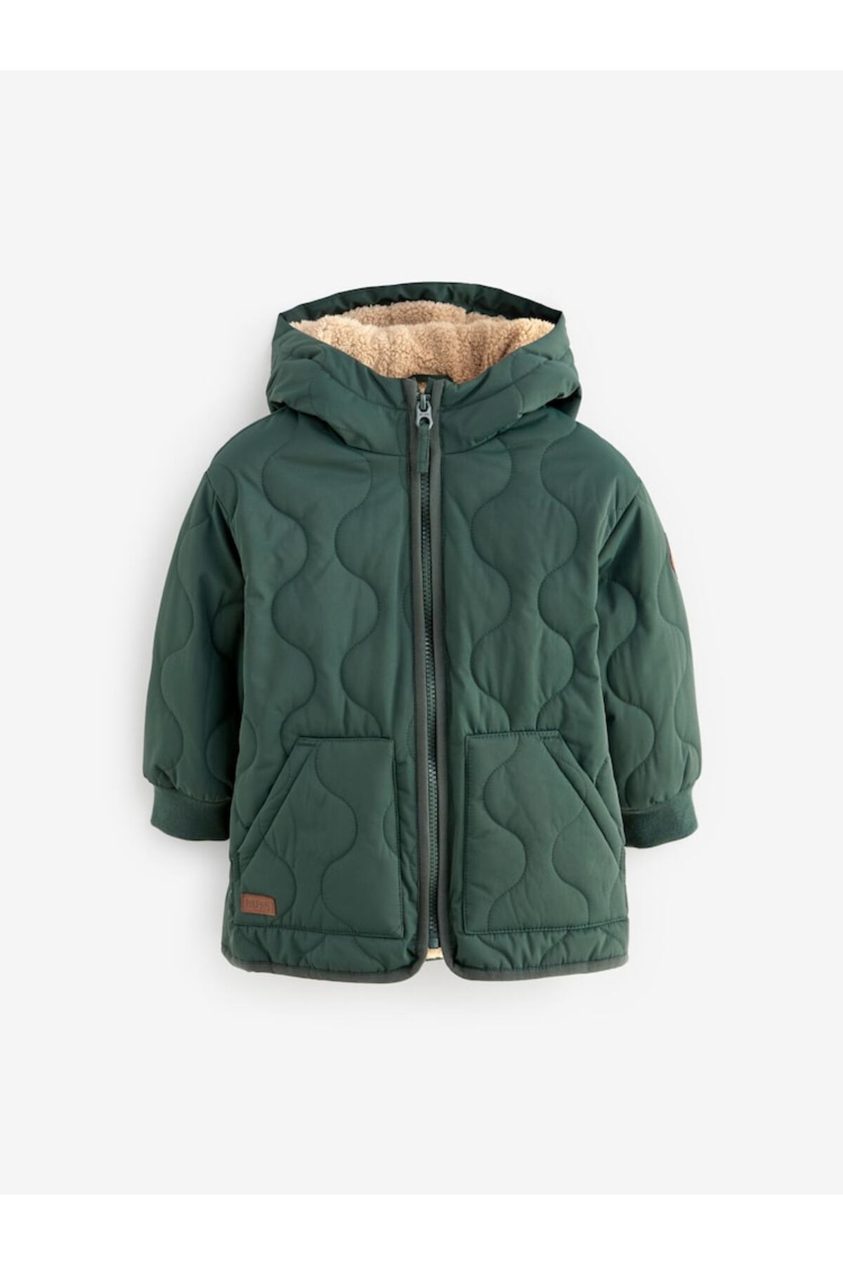 Next Baby Green Quilted Borg Fleece Lined Hooded Water-Resistant Coat fotoğrafı 2 (önizleme)