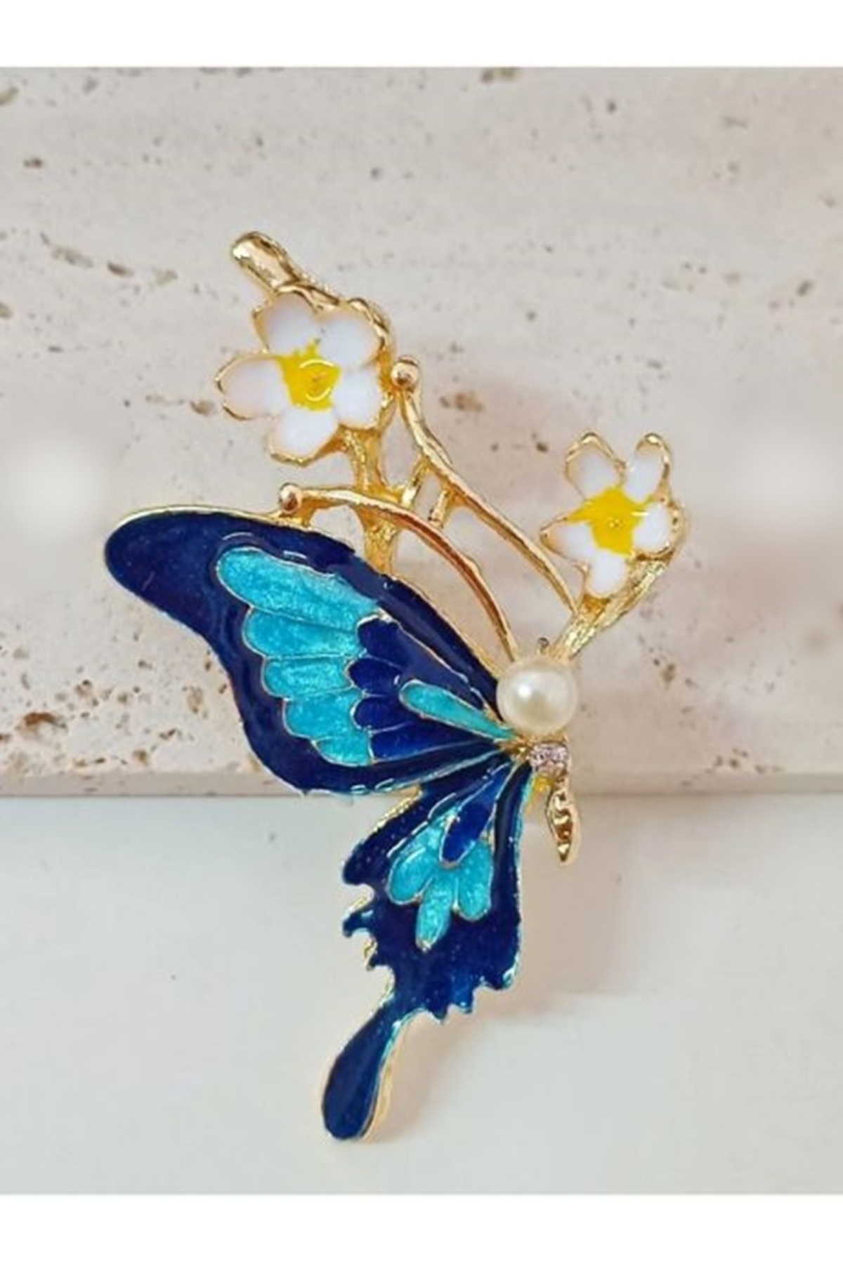 modamira Mavi Kelebek İncili Broş