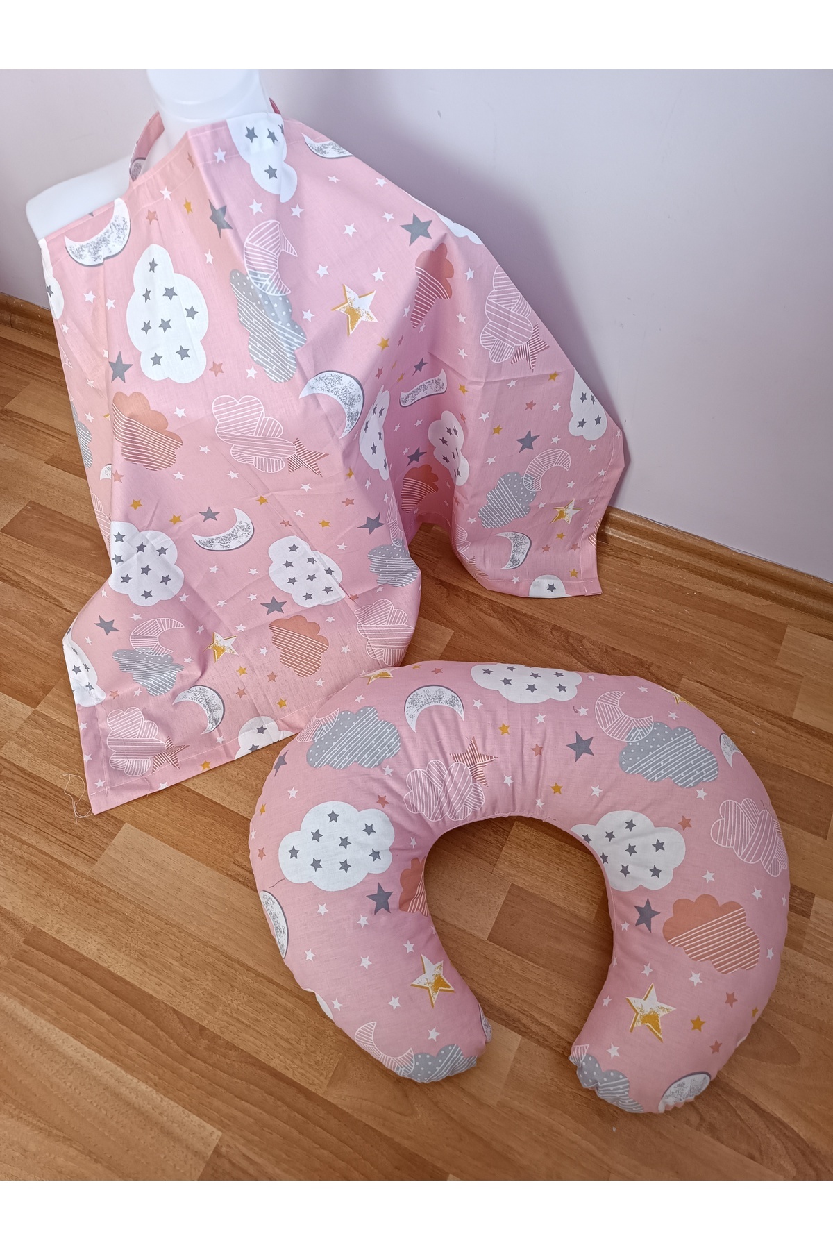 SARIYILDIZ BABYNEST Pembe Bulutlu Düz Pudra 2 Parça Emzirme Seti