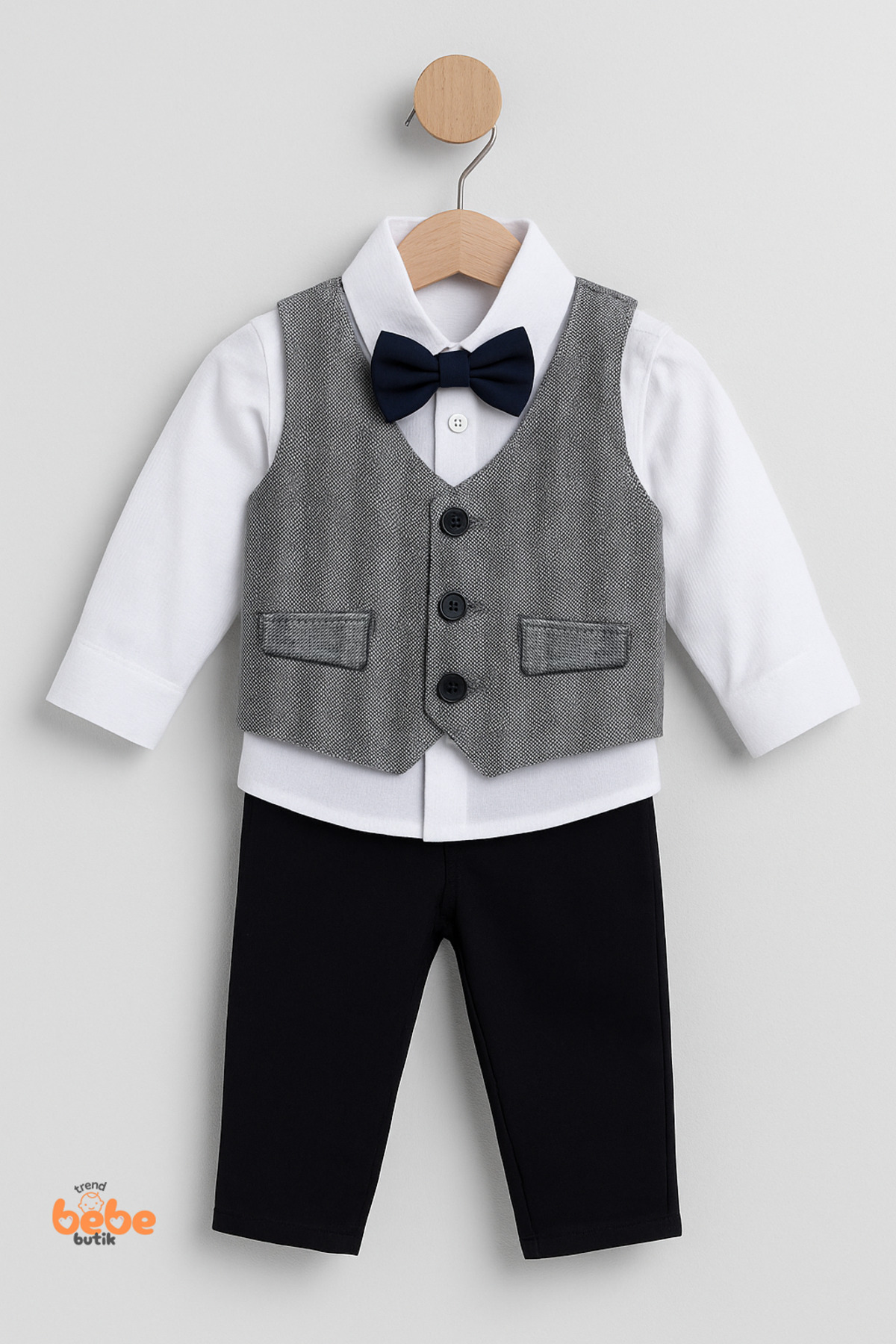 Trend Bebe Butik Erkek Bebek 4’lü Takım Elbise Seti Papyonlu Yelekli Gömlek Pantolon Düğün Sünnet Doğum Günü Kıyafeti fotoğrafı 3 (önizleme)