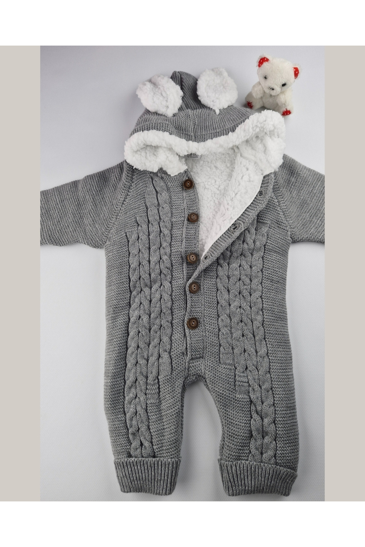 asliva Bebek Triko Tulum – Kapüşonlu Kulak Detaylı Peluş Astarlı Kışlık Bebek Tulumu 6-24 ay fotoğrafı 7 (önizleme)