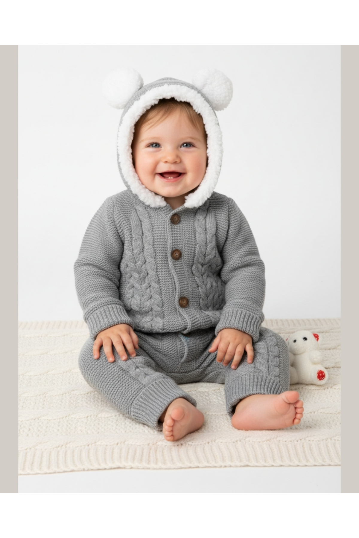 asliva Bebek Triko Tulum – Kapüşonlu Kulak Detaylı Peluş Astarlı Kışlık Bebek Tulumu 6-24 ay fotoğrafı 2 (önizleme)