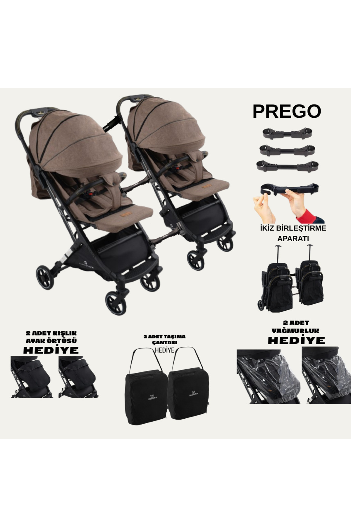 TURHAN BEBE Yan Yana Birleştirmeli Kabin Boy İkiz Bebek Arabası Ayak Örtüsü + Yağmurluk +Taşıma Çanatası Hediye fotoğrafı 2 (önizleme)