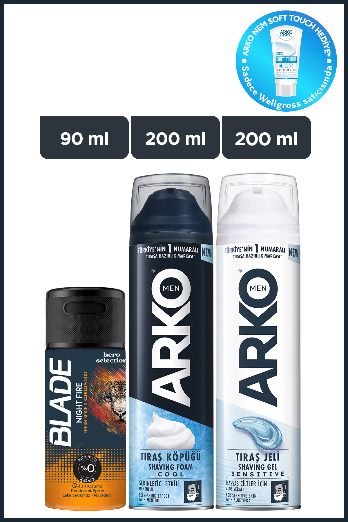 Blade Night Fire Erkek Deodorant 90 Ml & Arko Men Tıraş Jeli & Köpüğü 2x200 Ml