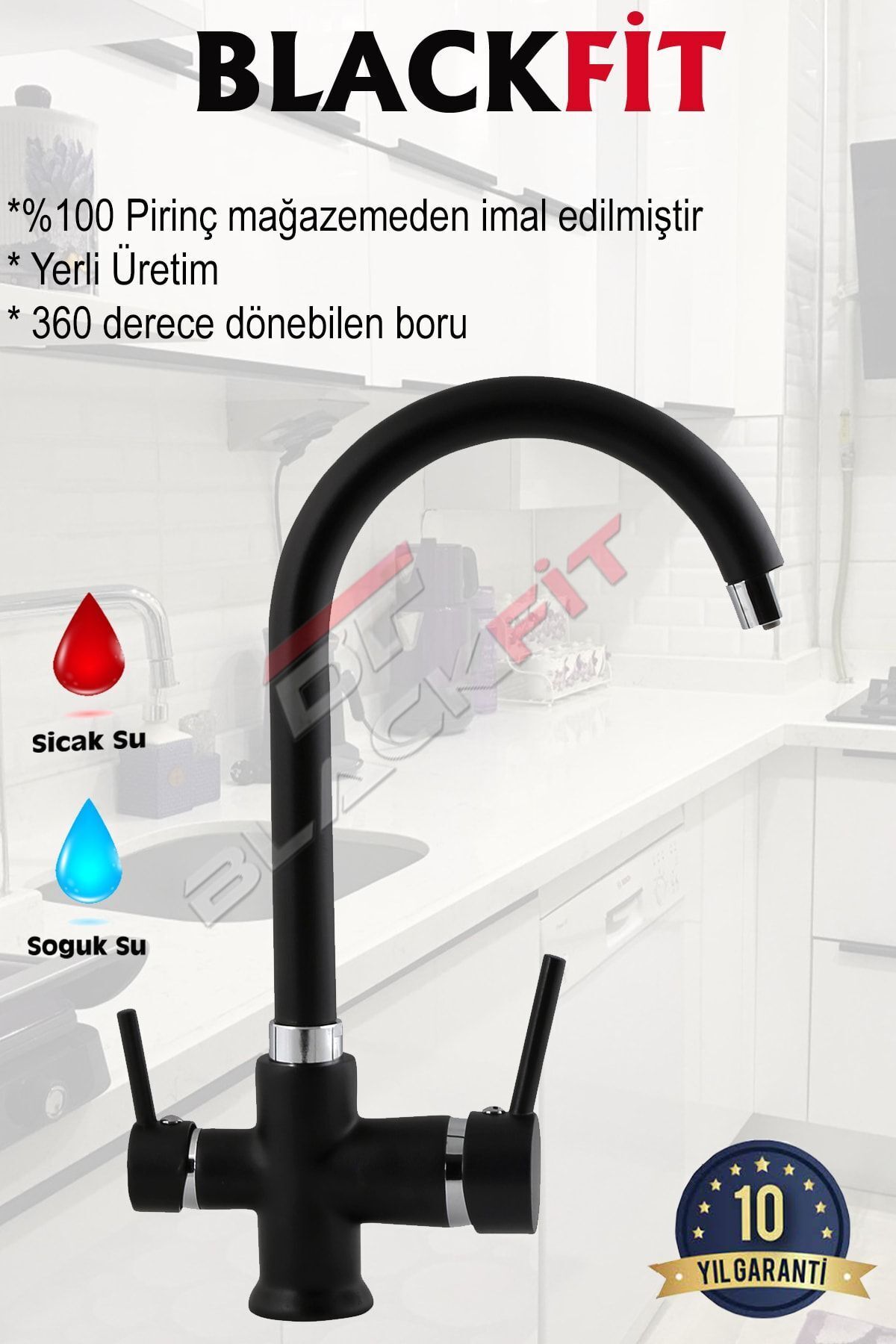 BF BLACKFİT 10 Yıl Garantili Baston Borulu Kuğu Arıtmalı Mutfak Eviye Bataryası Arıtma Musluğu
